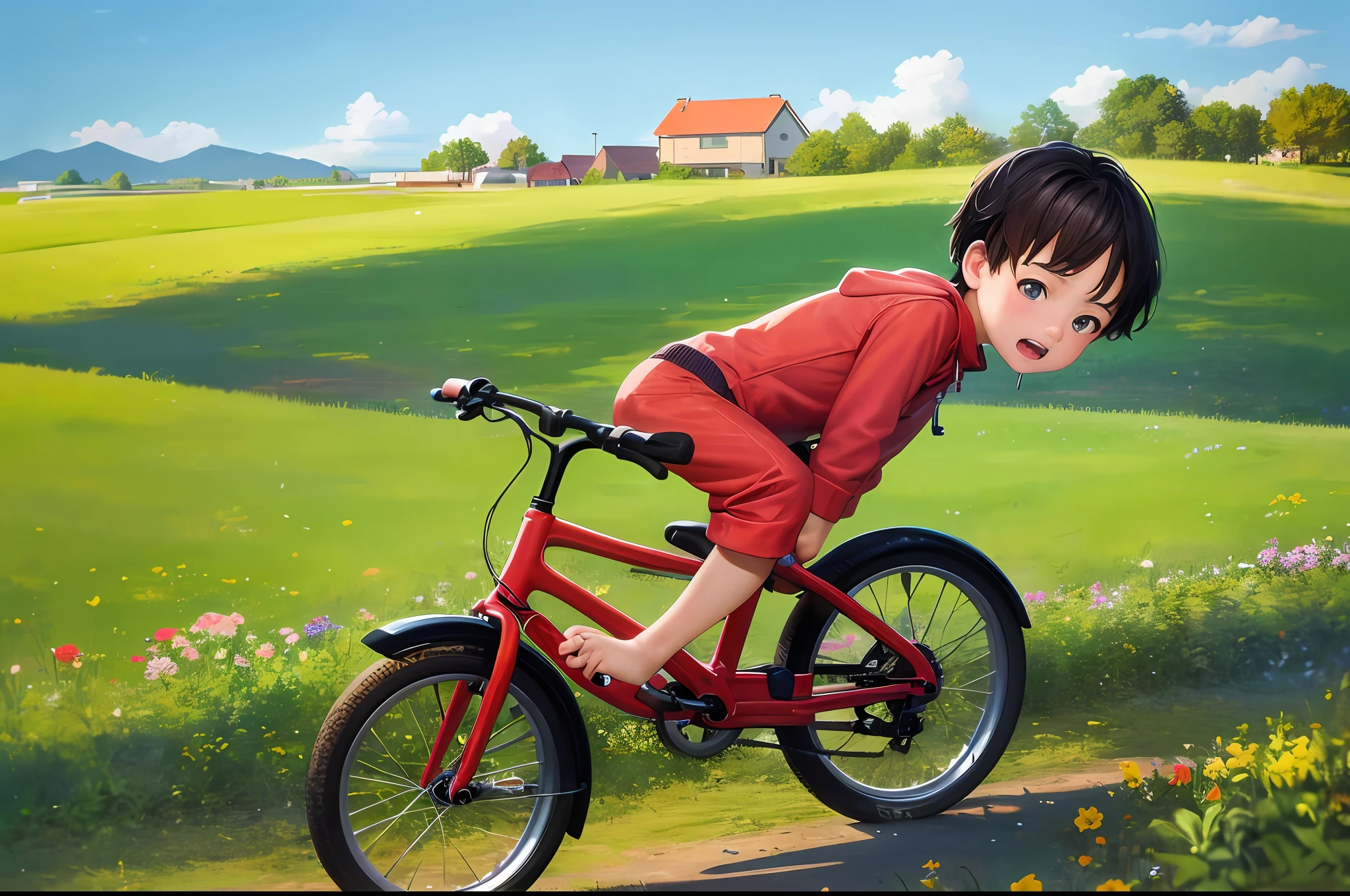 A masterpiece, the best quality, realistic photo level, A 5-years-old boy , practicing riding a bicycle , The boy has a worried look on his face , he is on the meadow , blue sky,  his height is 100cm , small bicycle