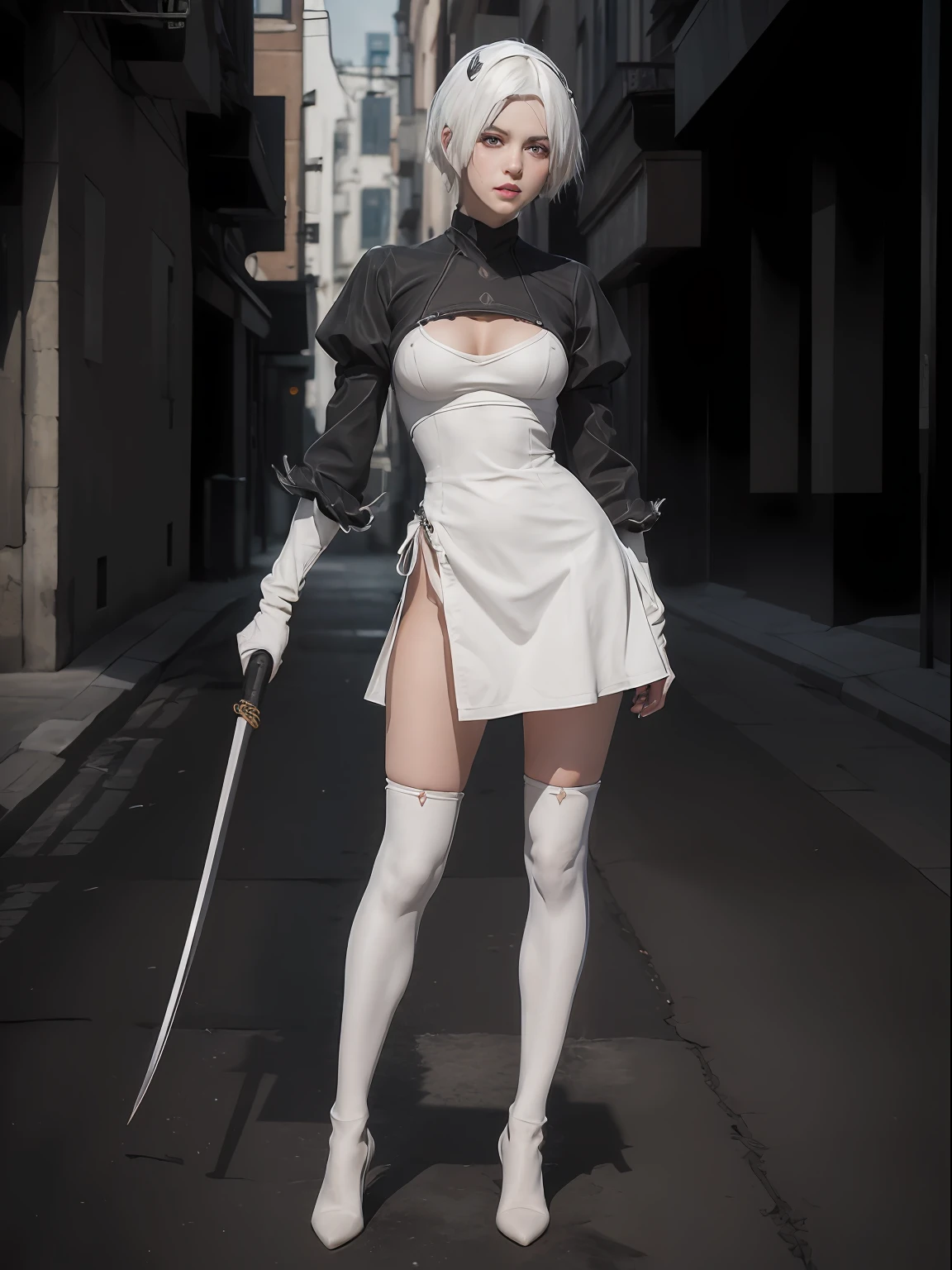 (masterpiece, best quality:1.4), (on the street), (standing:1.5), (full body:1.5), (from front), (1girl), (katana in her hand), solo, (european youth:1), 1girl, yorha no. 2 type b, (white-hair:1.5), hyperrealistic, high detailed skin, dslr, soft lighting, high quality, highly detailed face, highly detailed skin, skin pores, subsurface scattering, realistic pupils, medium breast, full face blush, full lips, detailed background, depth of field, volumetric lighting, sharp focus, absurdres, realistic proportions, good anatomy, (realistic, hyperrealistic:1.4), 16k hdr,