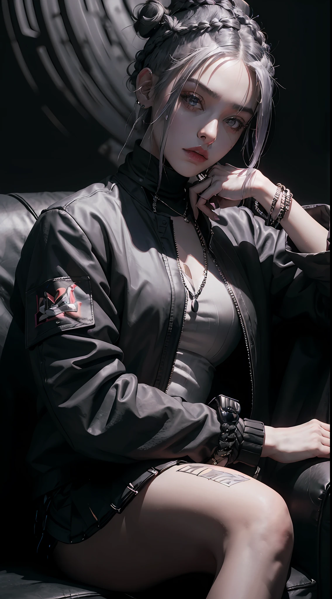 stern apathetic girl wearing black gangster-style clothes with jacket and jewelry lounging on couch with one gun to head, sitting and crossed legs, (one arm resting:1.4), grey hair, (mohawk, braided bun:1.3), gray eyes, eyeshadow, dark background, dark lighting, incredibly absurdres, 4k wallpaper