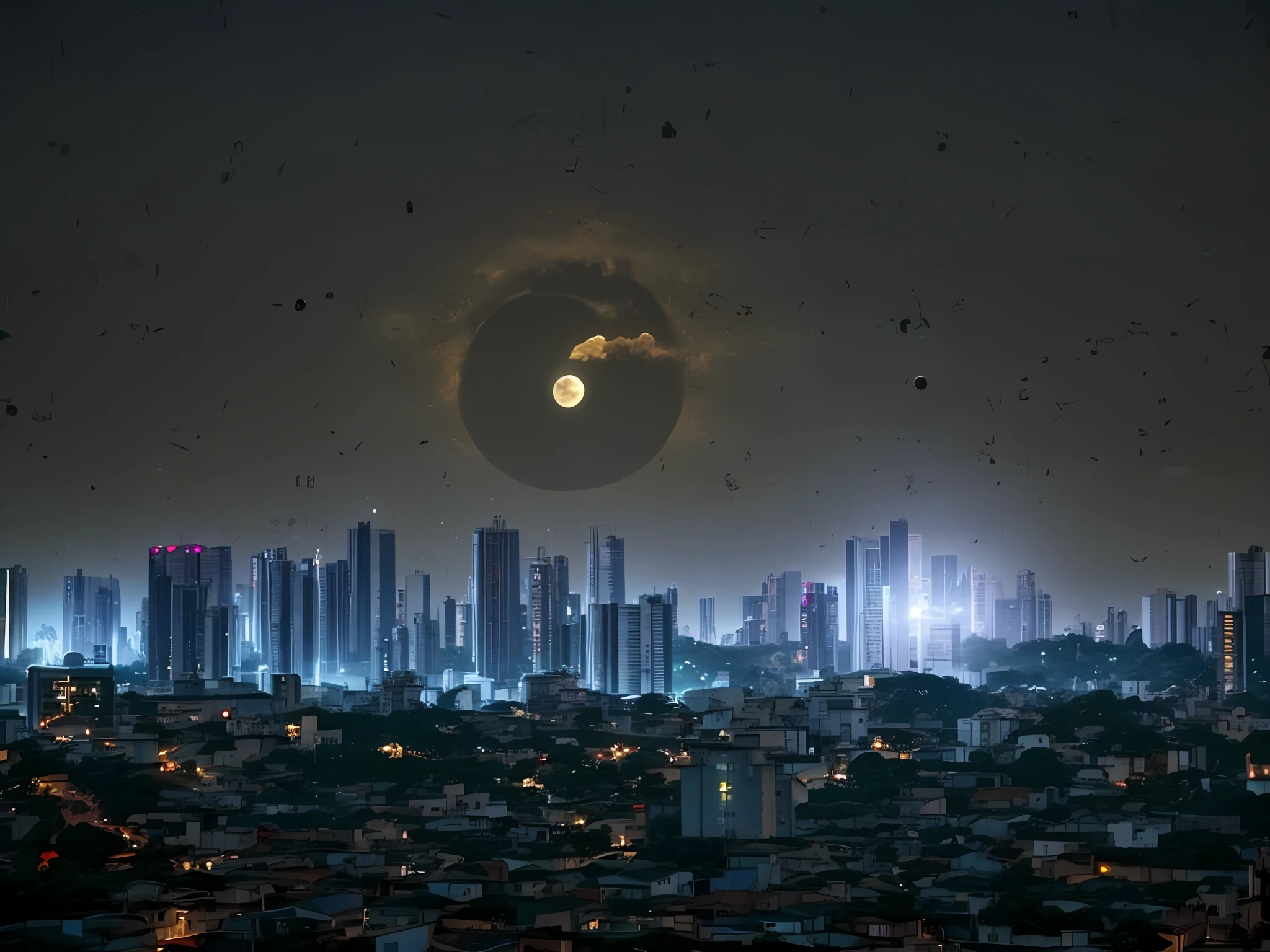 View of a city at night with a full moon, the moon is big and in the city, futuristic sao paulo, sao paulo in the year 2 0 7 0, Directed by: Fernando Gerassi, pairando sobre uma cidade, Directed by: Luis Miranda, São Paulo, city at night, Cidade na Lua, by Amelia Peláez, In Sao Paulo