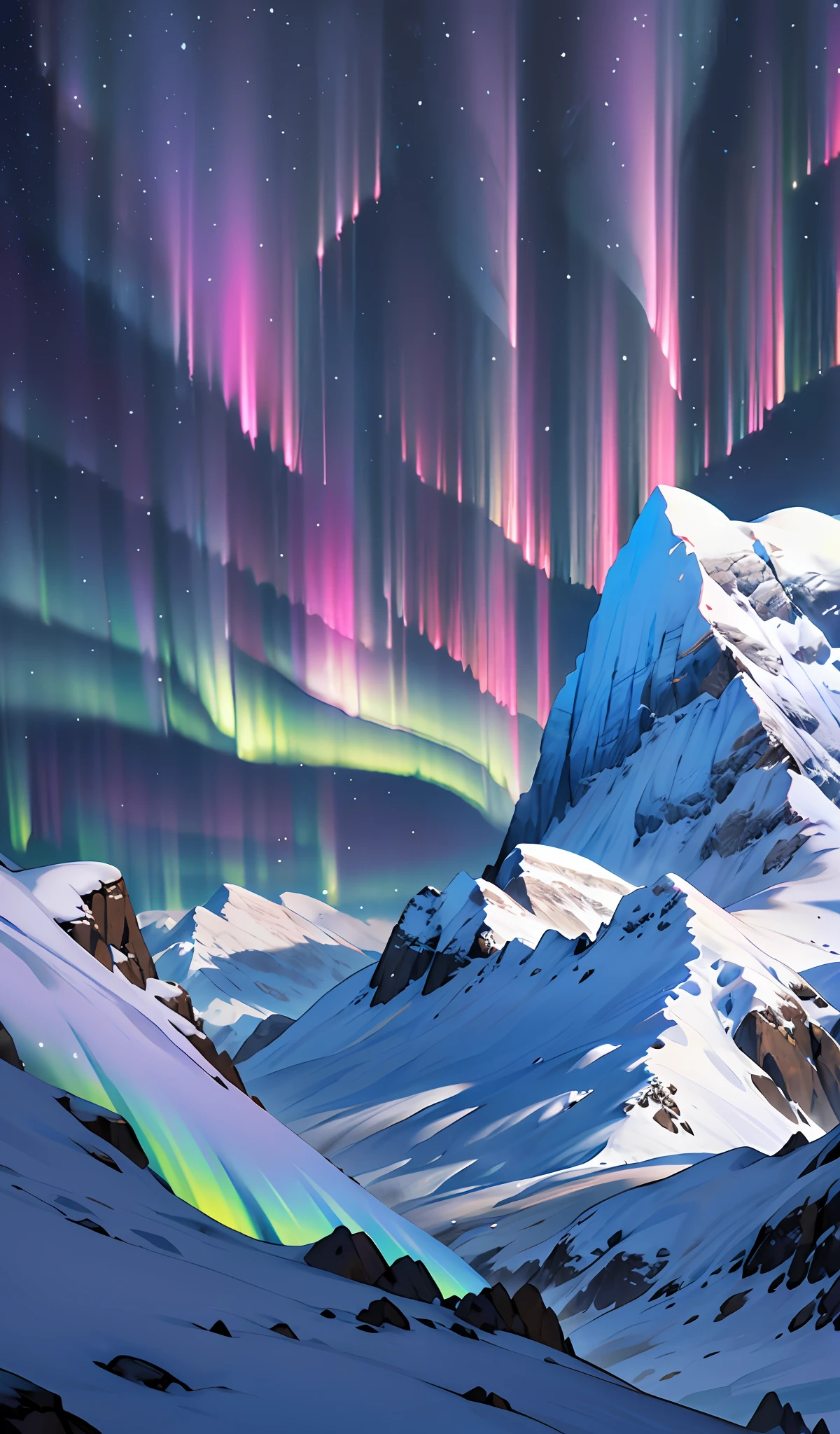 Blue-purple aurora,Towering snow-capped mountains,Ice picks rising from the ground,Frozen
