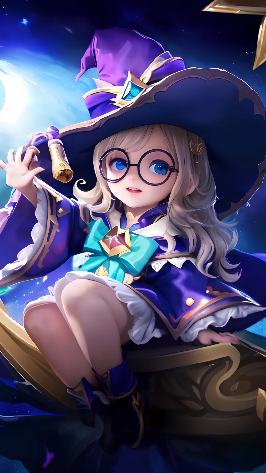 1 girl,chibi,a close up of a cartoon character sitting on a broom, beautiful celestial mage, splash art anime loli, pretty sorceress, bright witch, astri lohne, beautiful wizard, mobile legends, portrait of a mage, young wizard, portrait of a female mage, splash art, beautiful sorceress, closeup portrait of an mage, magic spell icon,sky,moon yellow Detailed,sit,hat detailed,color detailed, Glasses detailed,eyes detailed,blue eyes light detailed,shoes black Detailed,hands detailed, perfect fingers,