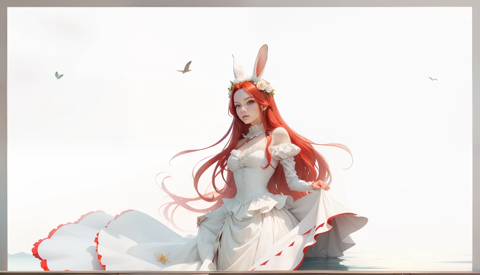 The background is the lake water,There are also flowers in the background,Noble rabbit demon aristocratic lady,Red hair,Luxurious clothes