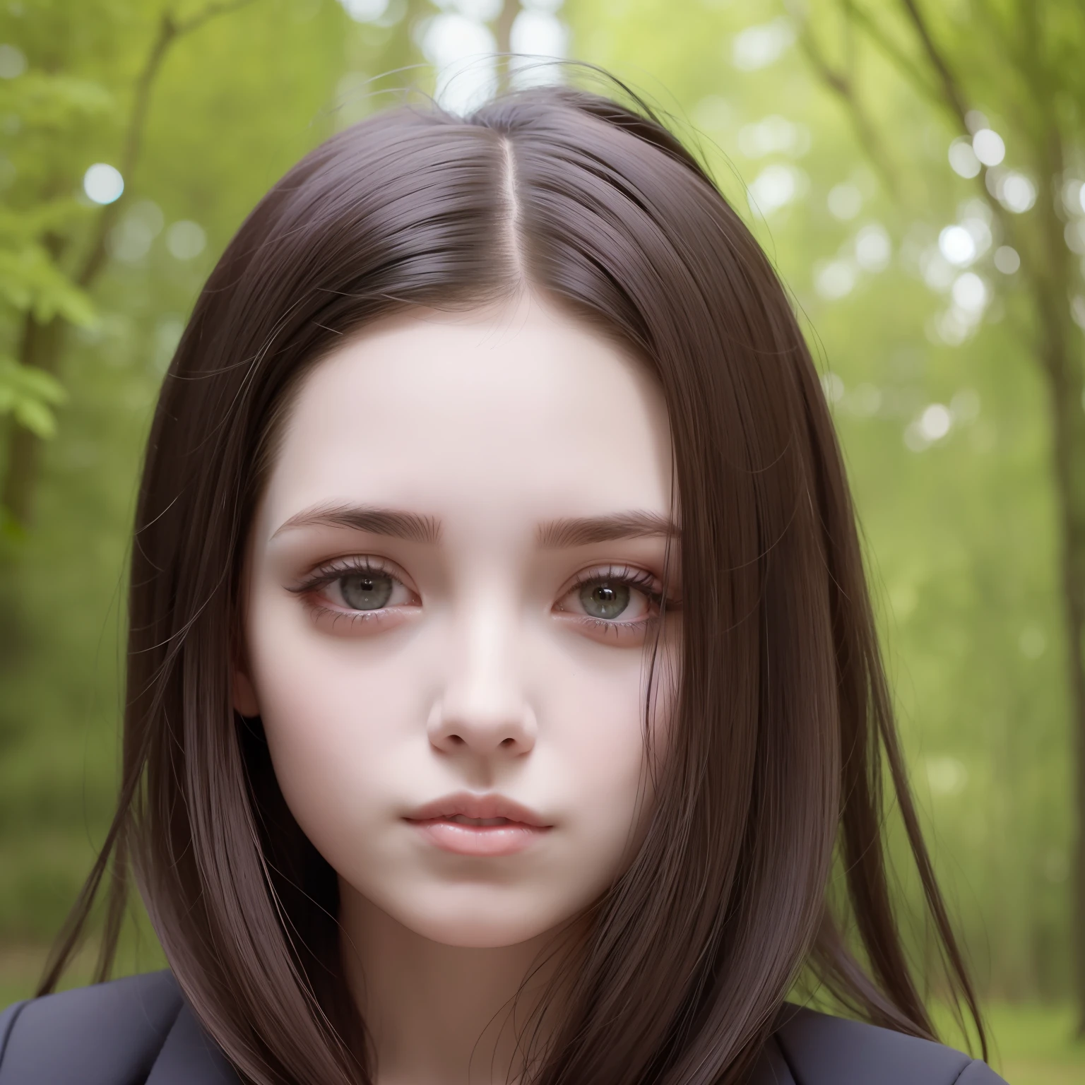 arafed woman in black coat standing in front of trees, pale skin and dark eyes, with pale skin, perfectly centered portrait, wonderful dark hair, girl with dark brown hair, pale goth beauty, black hair and large eyes, perfect portrait composition, short brown hair and large eyes, natural soft pale skin, perfect detailed face, girl with brown hair, short dark hair