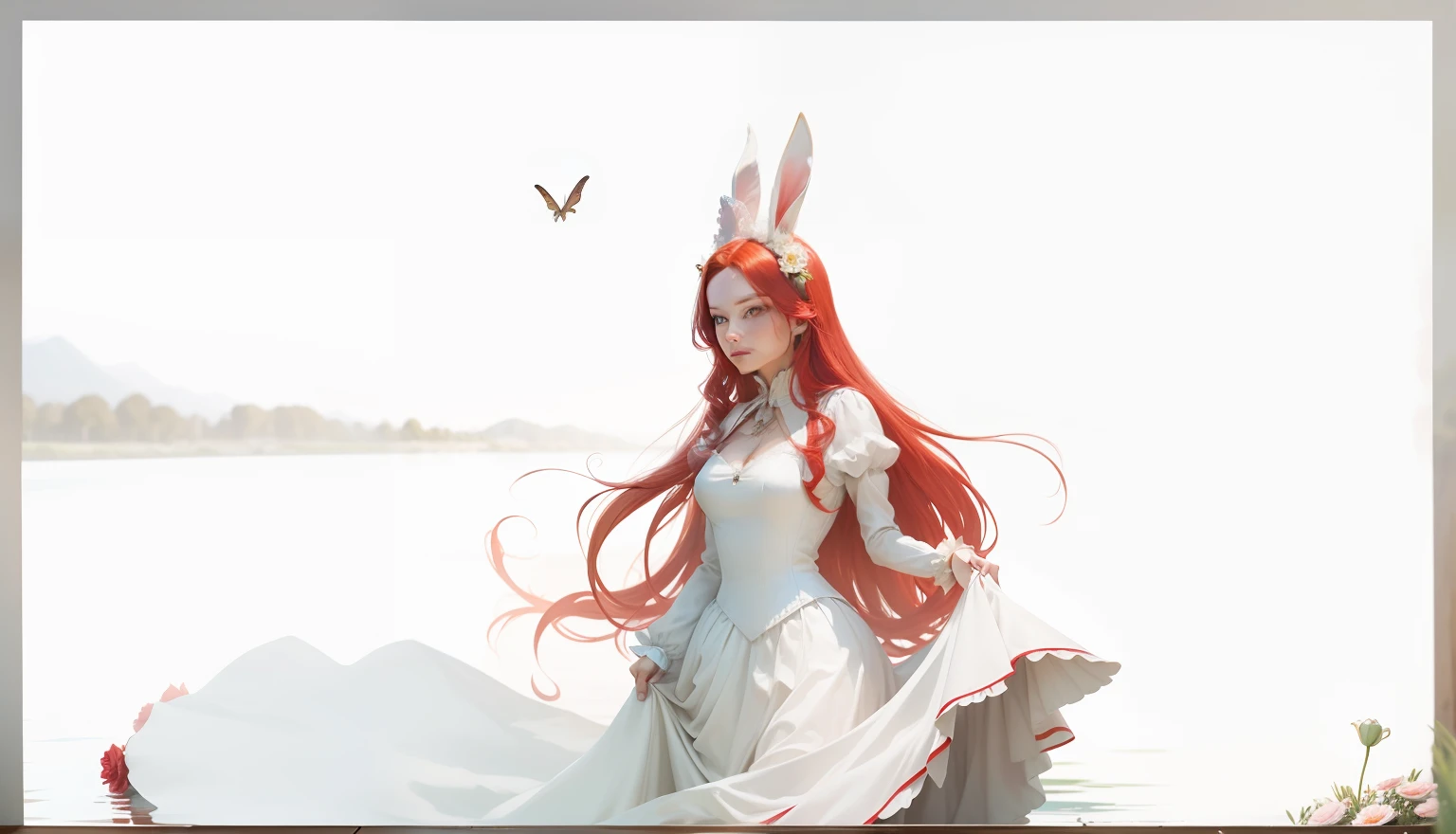 The background is the lake water，There are also flowers in the background，Noble rabbit demon aristocratic lady，Red hair，Luxurious clothes