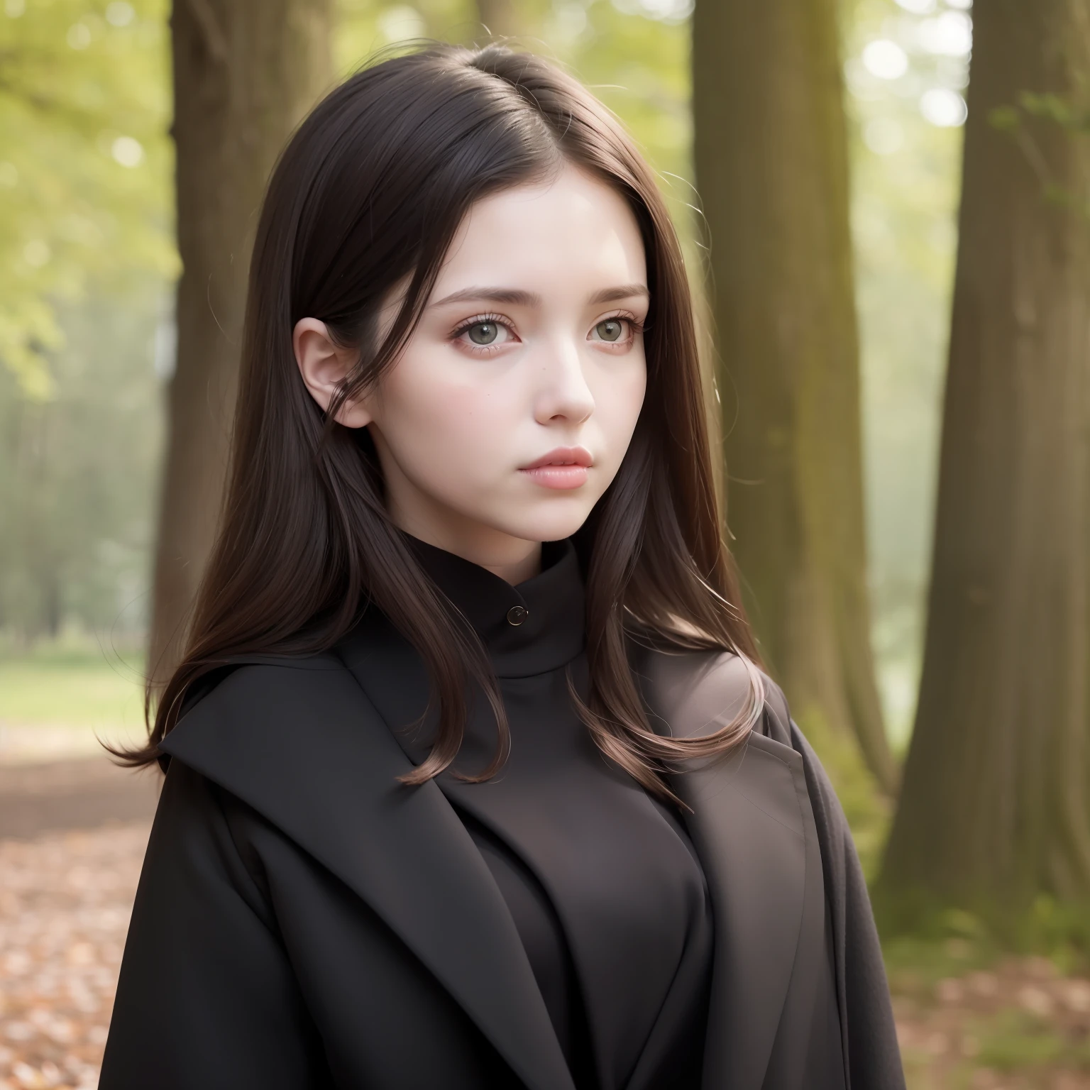 arafed woman in black coat standing in front of trees, pale skin and dark eyes, with pale skin, perfectly centered portrait, wonderful dark hair, girl with dark brown hair, pale goth beauty, black hair and large eyes, perfect portrait composition, short brown hair and large eyes, natural soft pale skin, perfect detailed face, girl with brown hair, short dark hair