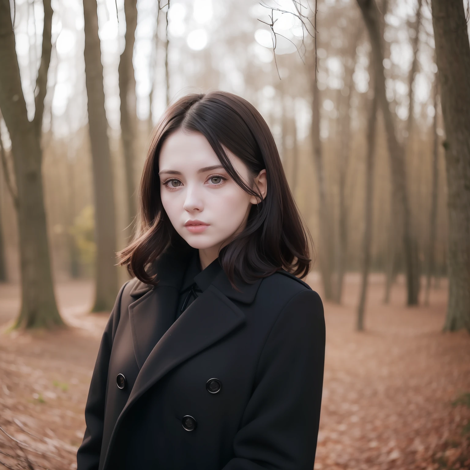 arafed woman in black coat standing in front of trees, pale skin and dark eyes, with pale skin, perfectly centered portrait, wonderful dark hair, girl with dark brown hair, pale goth beauty, black hair and large eyes, perfect portrait composition, short brown hair and large eyes, natural soft pale skin, perfect detailed face, girl with brown hair, short dark hair