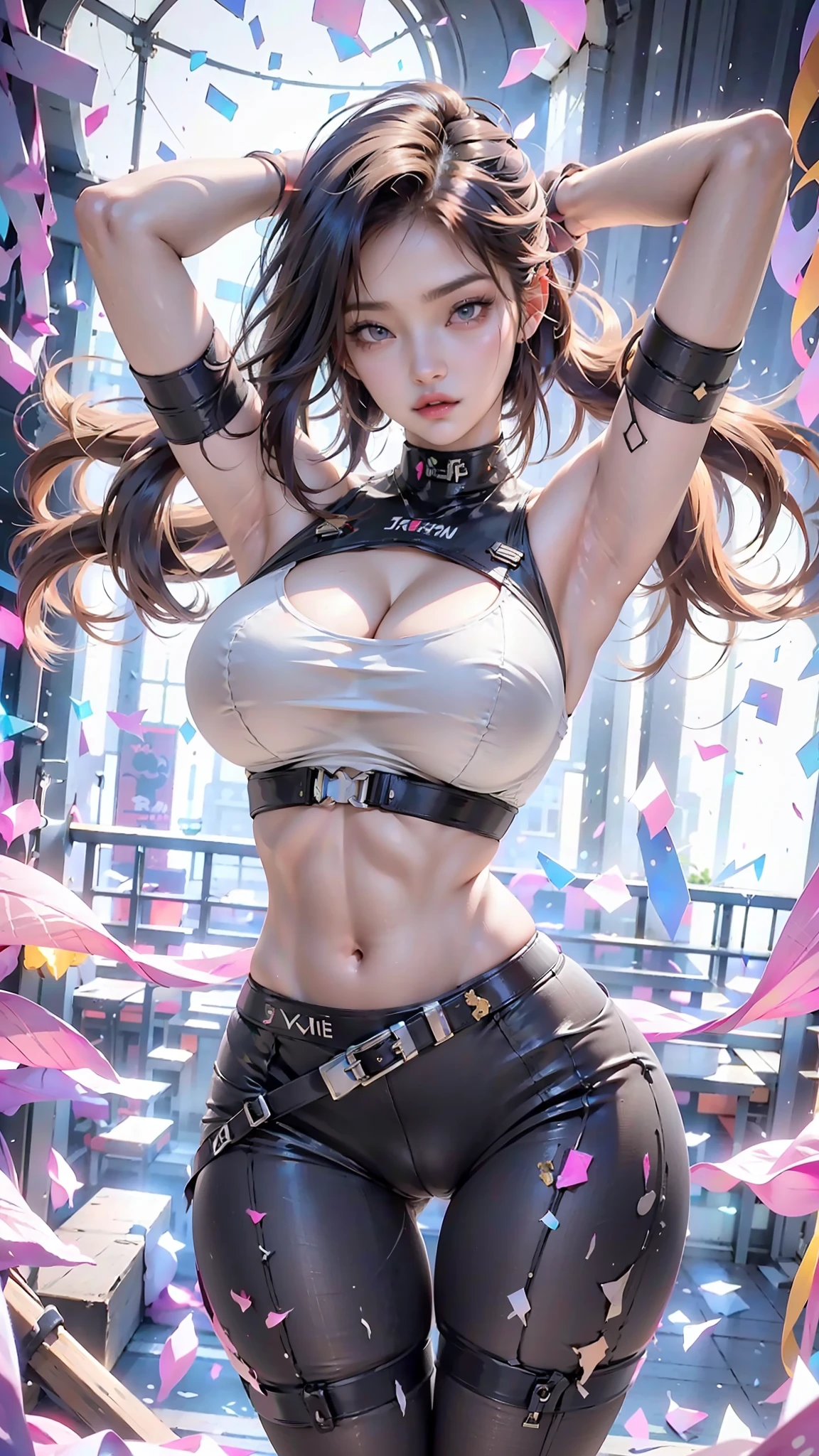 Beautiful cybernetic girl looking at camera underwear detailed muscles realistic masterpiece, camel toe perfect lighting perfect body perfect face realistic facial features breasts heavy, dangling breasts, cleavage, pussyprint, areolas protruding, hentai, sexy pornstar pose