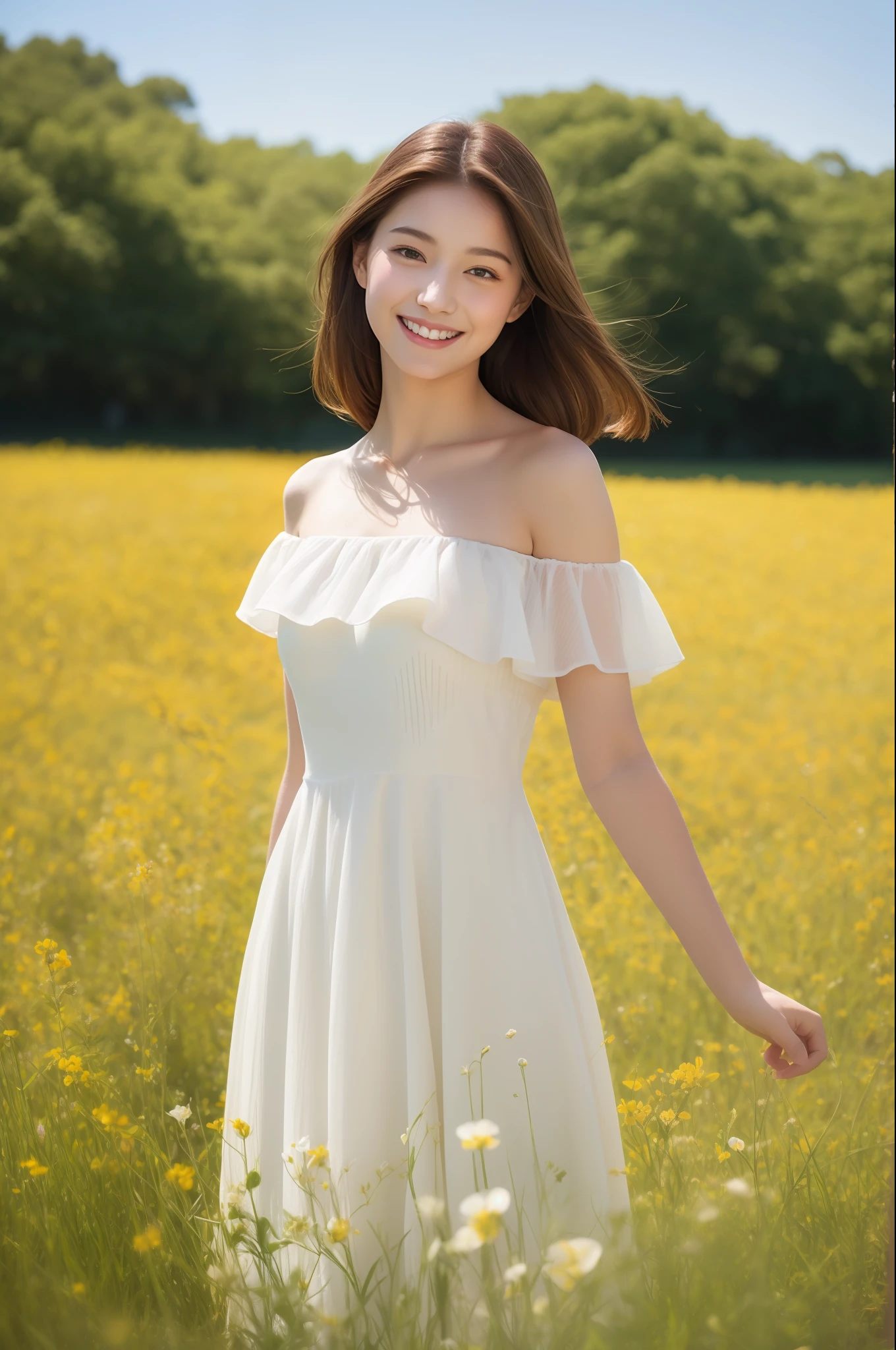 Best quality, masterpiece, ultra high res, (photorealistic:1.4), raw photo, 1girl, white dress, off shoulder, blossom violet flower field, glowing skin, light smile