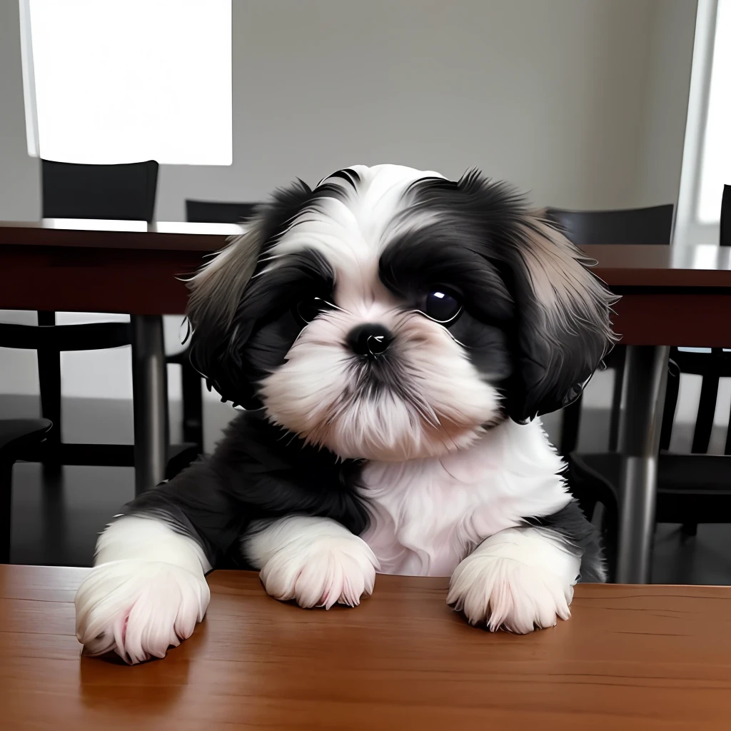 a person with a black and white Shih-tzu puppy head sitting at a table, (((drinking coffee))) enquanto a sala queima, fogo, queimando, (((chamas))), mesa em chamas, Coffee on fire