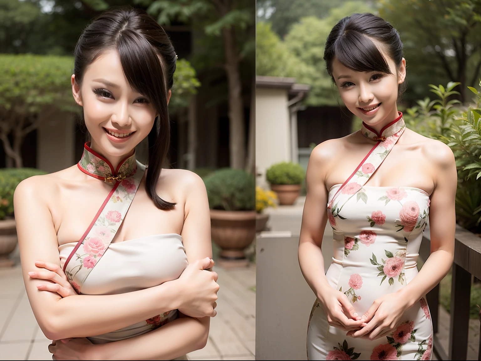 Fashion model 20 years old [[[[closeup cleavage]]]], [[[[boobgasm]]]], [[[[coll]]]], [[[[bshoulders]]]], perfect  eyes, Perfect iris，Perfect lips，perfect teeth，Perfect skin，Long face，slender nose，tall nose bridge，Soft front light，hdr，Movie girl，Pink cheongsam，Red cheongsam，White cheongsam，long whitr hair，Long hair with a shawl，Long hair like a waterfall，Green trees and flowers in the background，（pastel colour：1.2）