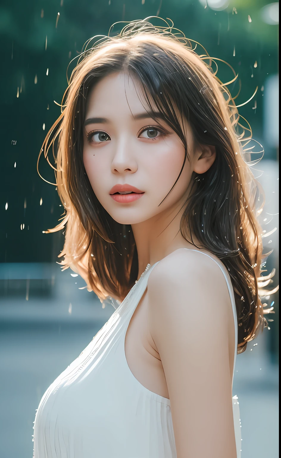 ((Best Quality, 8K, Masterpiece:1.3)), Focus:1.2, Perfect Body Beauty:1.4, Buttocks:1.2, ((Layered Haircut)), (Wet Clothes:1.1) , (Rain, Street:1.3), (Breasts: 1.2), White Dress, (Baneau Dress: 1.2), Bare Shoulders, Bare Legs, Highly Detailed Face and Skin Texture, Delicate Eyes, Double Eyelids, Whitened Skin, Long Hair, (Shut Up: 1.5), (Bokeh Background: 1.5)