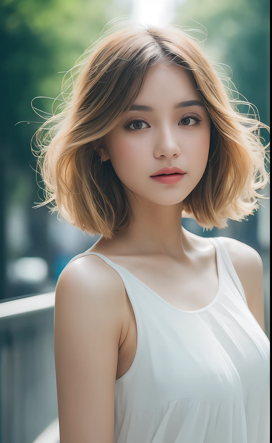 ((Best Quality, 8K, Masterpiece:1.3)), Focus:1.2, Perfect Body Beauty:1.4, Buttocks:1.2, ((Layered Haircut)), (Wet Clothes:1.1) , (Rain, Street:1.3), (Breasts: 1.2), White Dress, (Baneau Dress: 1.2), Bare Shoulders, Bare Legs, Highly Detailed Face and Skin Texture, Delicate Eyes, Double Eyelids, Whitened Skin, Long Hair, (Shut Up: 1.5), (Bokeh Background: 1.5)