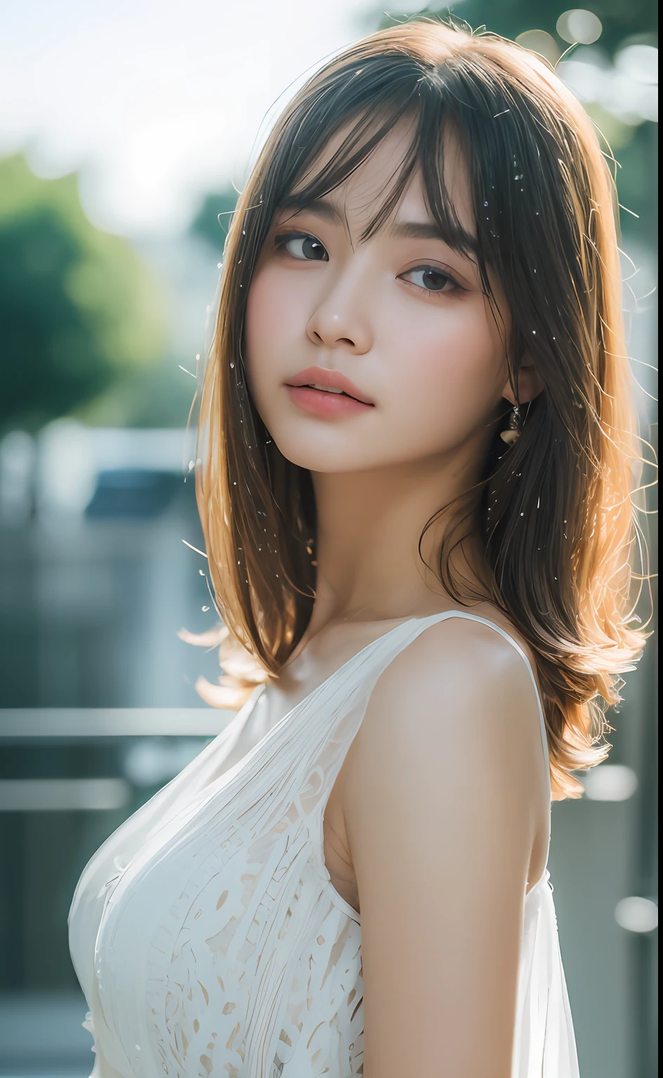 ((Best Quality, 8K, Masterpiece:1.3)), Focus:1.2, Perfect Body Beauty:1.4, Buttocks:1.2, ((Layered Haircut)), (Wet Clothes:1.1) , (Rain, Street:1.3), (Breasts: 1.2), White Dress, (Baneau Dress: 1.2), Bare Shoulders, Bare Legs, Highly Detailed Face and Skin Texture, Delicate Eyes, Double Eyelids, Whitened Skin, Long Hair, (Shut Up: 1.5), (Bokeh Background: 1.5)
