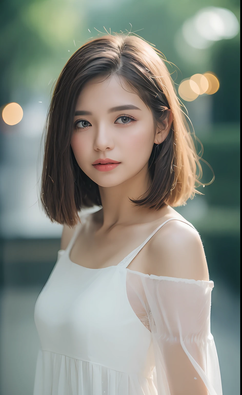 ((Best Quality, 8K, Masterpiece:1.3)), Focus:1.2, Perfect Body Beauty:1.4, Buttocks:1.2, ((Layered Haircut)), (Wet Clothes:1.1) , (Rain, Street:1.3), (Breasts: 1.2), White Dress, (Baneau Dress: 1.2), Bare Shoulders, Bare Legs, Highly Detailed Face and Skin Texture, Delicate Eyes, Double Eyelids, Whitened Skin, Long Hair, (Shut Up: 1.5), (Bokeh Background: 1.5)