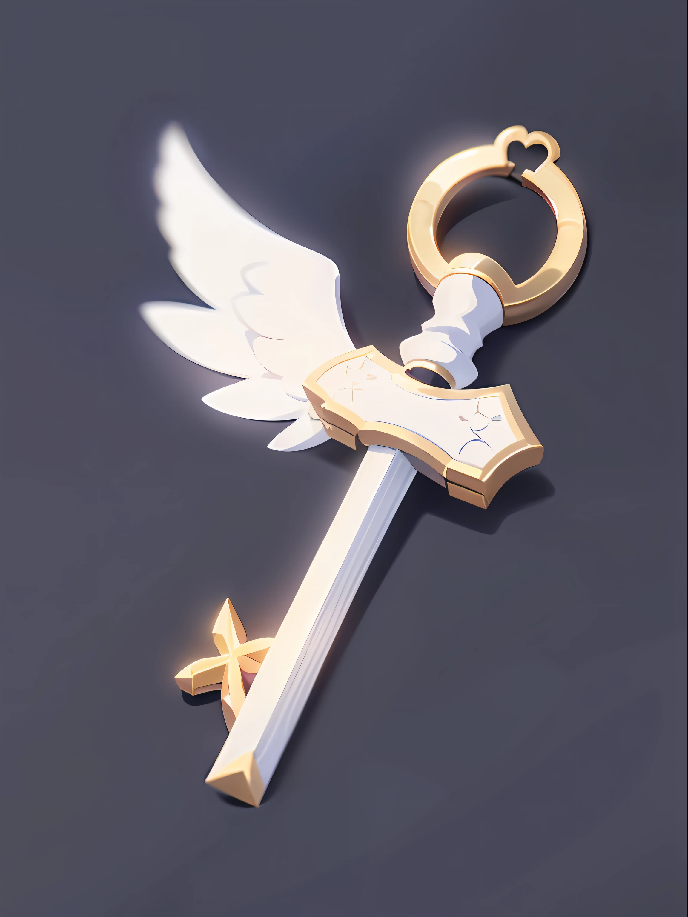 A game icon,A key with great detail,White predominantly,It has a blue ribbon on it,There are a few gold accents,Estilo de Makoto Shinkai
