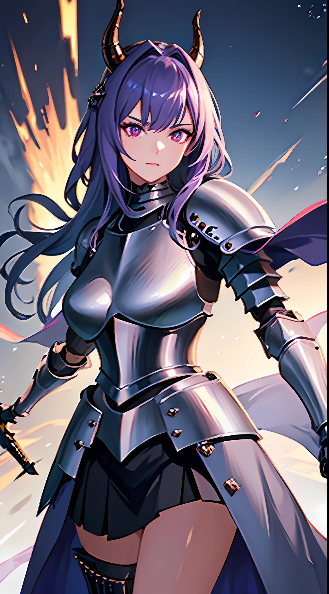 1girl, solo, skirt, (masterpiece), best quality, realistic, hyper-detailed, (shiny skin:1.4), long purple hair, blunt bang hairstyle, red calm eyes, demon horn, slender, dynamic lighting, high resolution, sharp focus, depth of field, (detailed eyes: 1.8), sharp pupils, realistic pupils, (armored knight:1.6), cape, armlet, (holding sword: 1.9), lord knigt