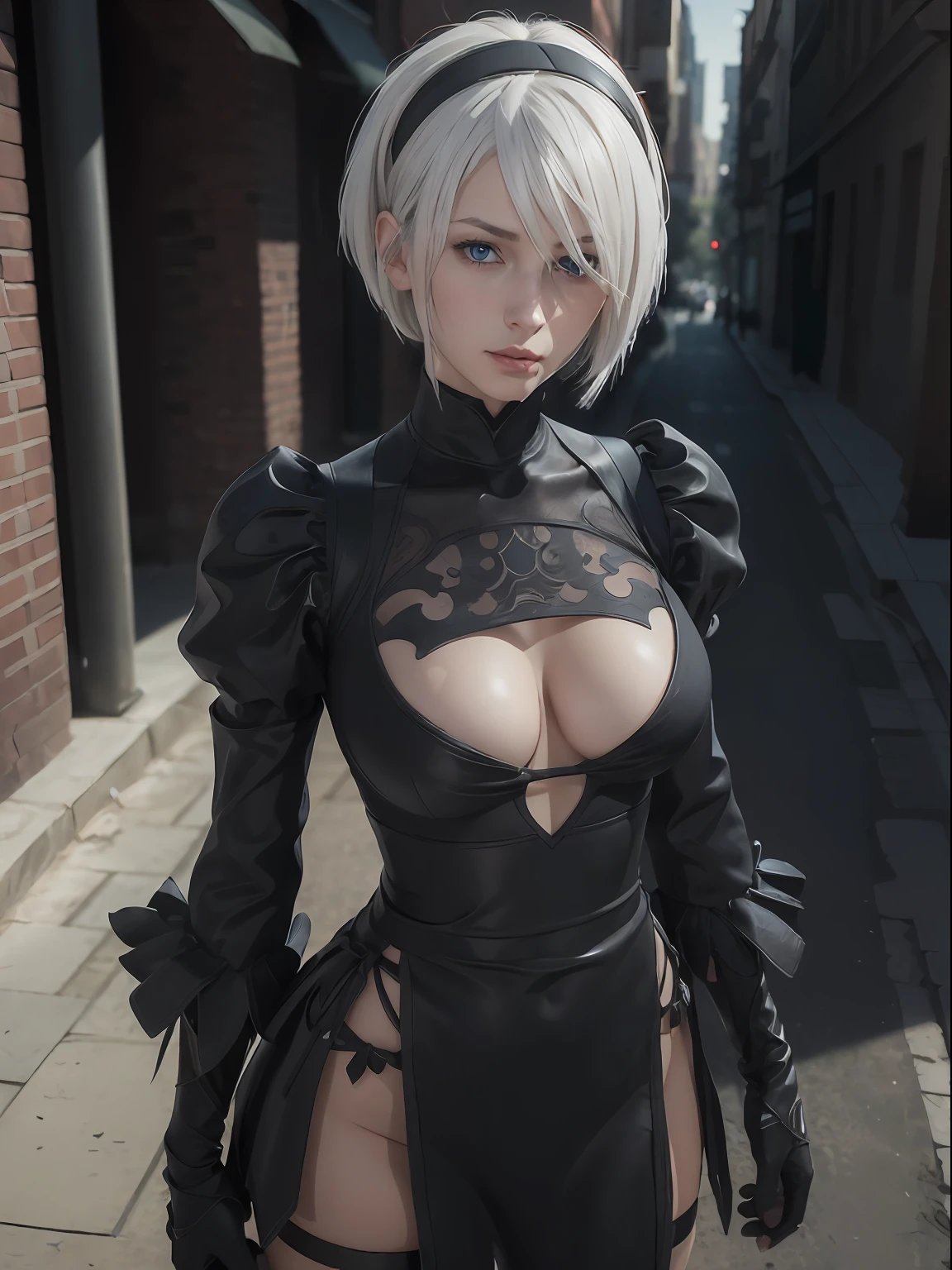 (masterpiece, best quality:1.4), (on the street), (standing:1.5), (full body:1.2), (blue eyes), (from front), (1girl), (katana in her hand), solo, (european youth:1), 1girl, yorha no. 2 type b, (white-hair:1), hyperrealistic, high detailed skin, dslr, soft lighting, high quality, highly detailed face, highly detailed skin, skin pores, subsurface scattering, realistic pupils, medium breast, full face blush, full lips, detailed background, depth of field, volumetric lighting, sharp focus, absurdres, realistic proportions, good anatomy, (realistic, hyperrealistic:1.4), 16k hdr,