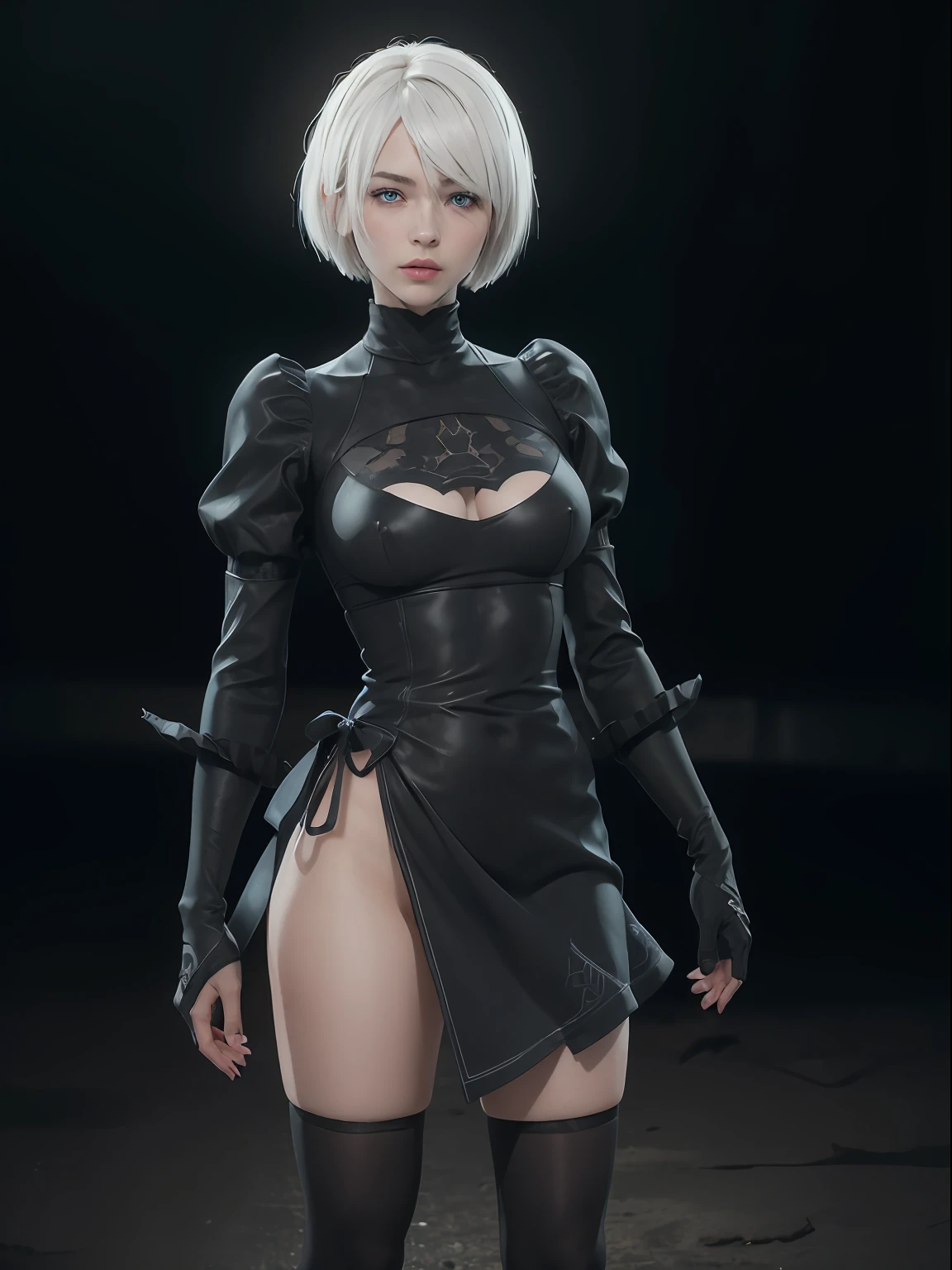 (masterpiece, best quality:1.4), (on the street), (standing:1.5), (full body:1.2), (blue eyes), (from front), (1girl), (katana in her hand), solo, (european youth:1), 1girl, yorha no. 2 type b, (white-hair:1), hyperrealistic, high detailed skin, dslr, soft lighting, high quality, highly detailed face, highly detailed skin, skin pores, subsurface scattering, realistic pupils, medium breast, full face blush, full lips, detailed background, depth of field, volumetric lighting, sharp focus, absurdres, realistic proportions, good anatomy, (realistic, hyperrealistic:1.4), 16k hdr,