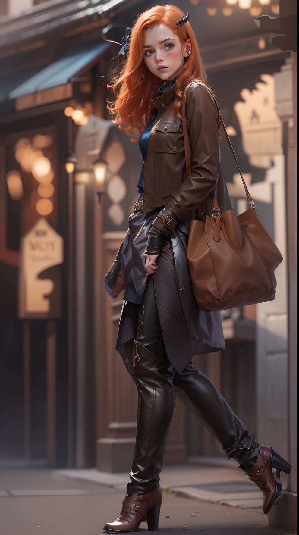 1 girl, ginger hair, full body, vitorian style cothes, elfic ears,black pants, blue bluse, brown jacket, cow purse, darker, shadow