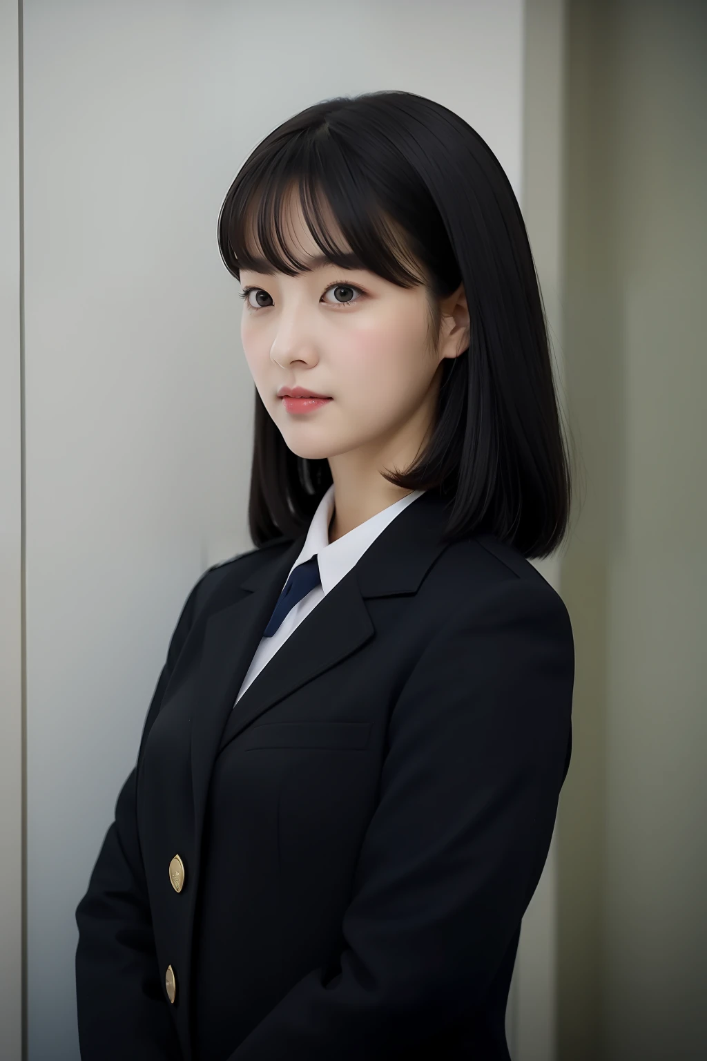 sonyoonjoo, 1girl, solo, black hair, realistic,uniform, standing,office