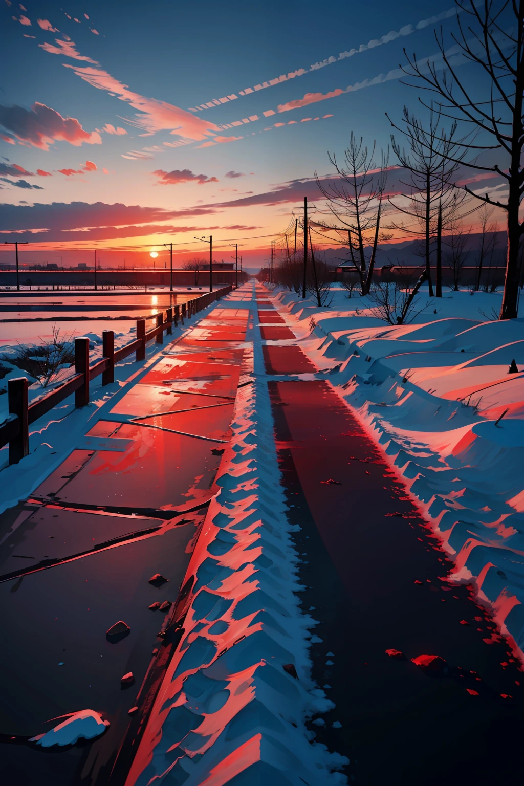 It was February,The winter sunset spreads from the west to the whole world,The silent red is like a layer of paint in an oil painting,Change the color of all pedestrians。