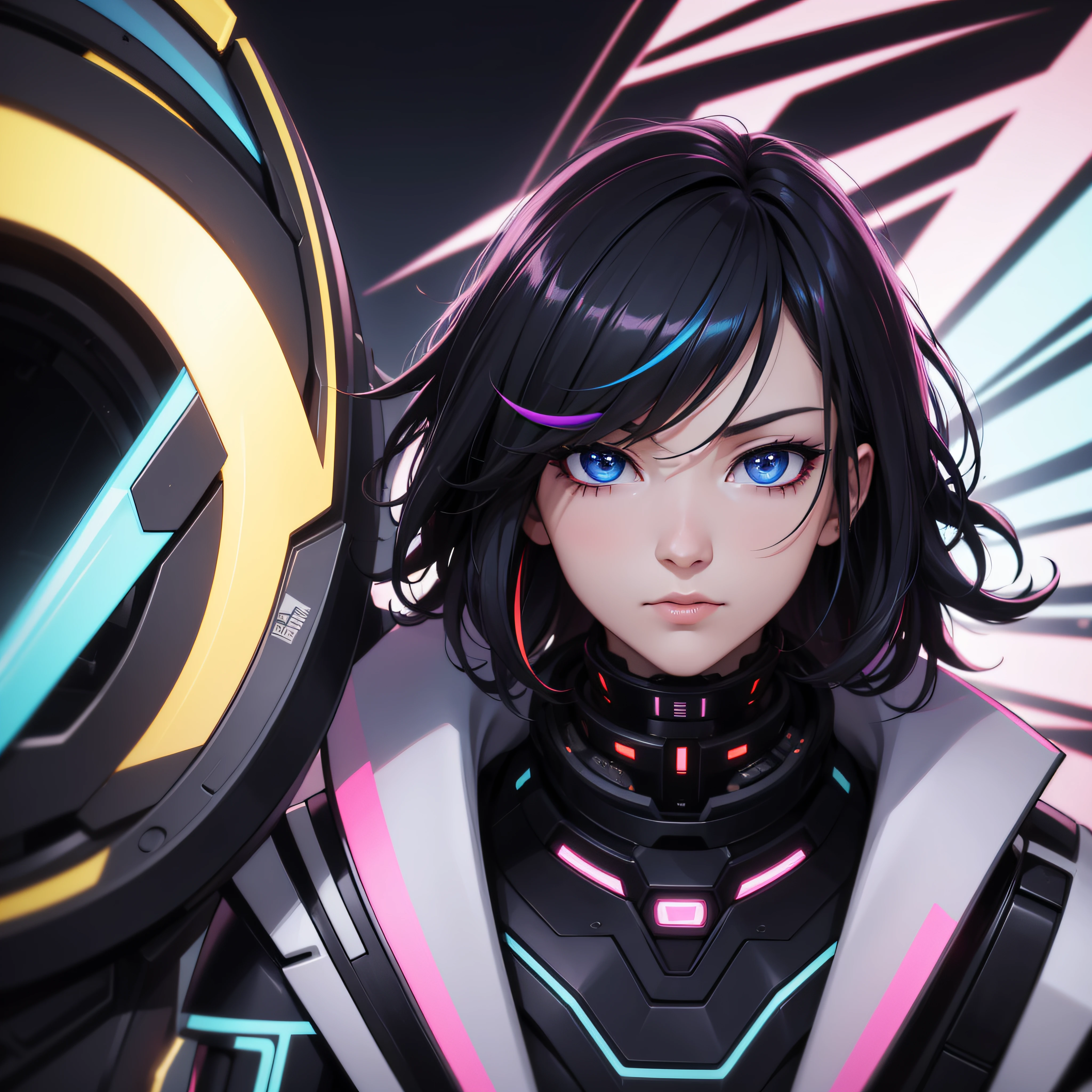 Very sharp 8k closeup portrait in frame Profile picture rainbow cyberpunk man Sci-Fi cute Anime Japan 2d Sharp focus 16k resolution, Hyper detailed, Hyper realistic detail