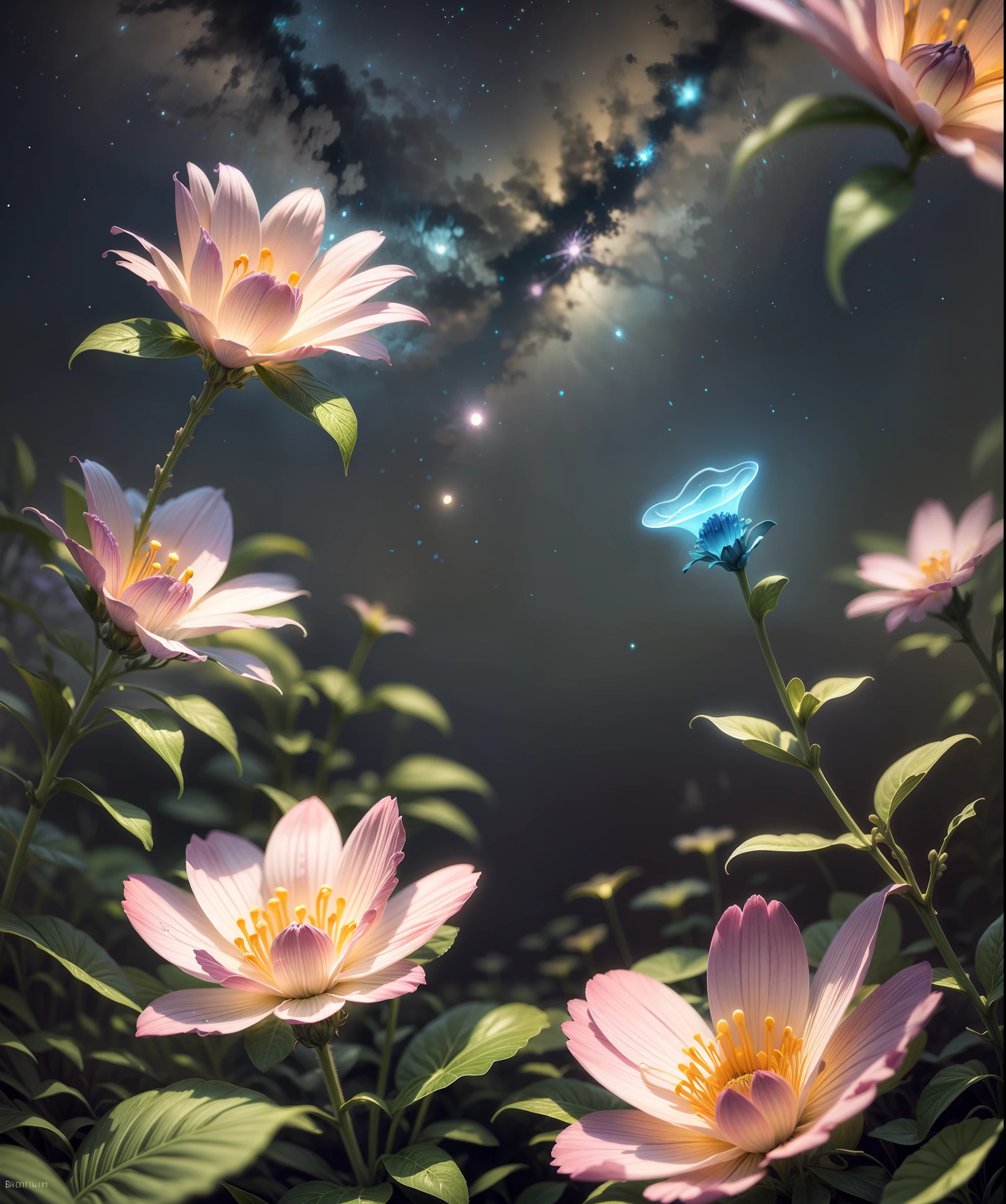 bioluminescence, flowers, night, sky