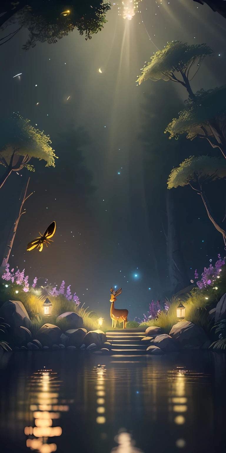 Masterpiece, best quality, (very detailed CG unity 8k wallpaper), (best quality), (best illustration), (best shadows), glow sprite, with a glowing deer, in the swimming pool Drinking water, natural elements in the forest theme. Mysterious forest, beautiful forest, nature, surrounded by flowers, delicate leaves and branches surrounded by fireflies (natural elements), (jungle theme), (leaves), (twigs), (fireflies), (particle effects) etc. 3D , Octane rendering, ray tracing, super detailed --v6