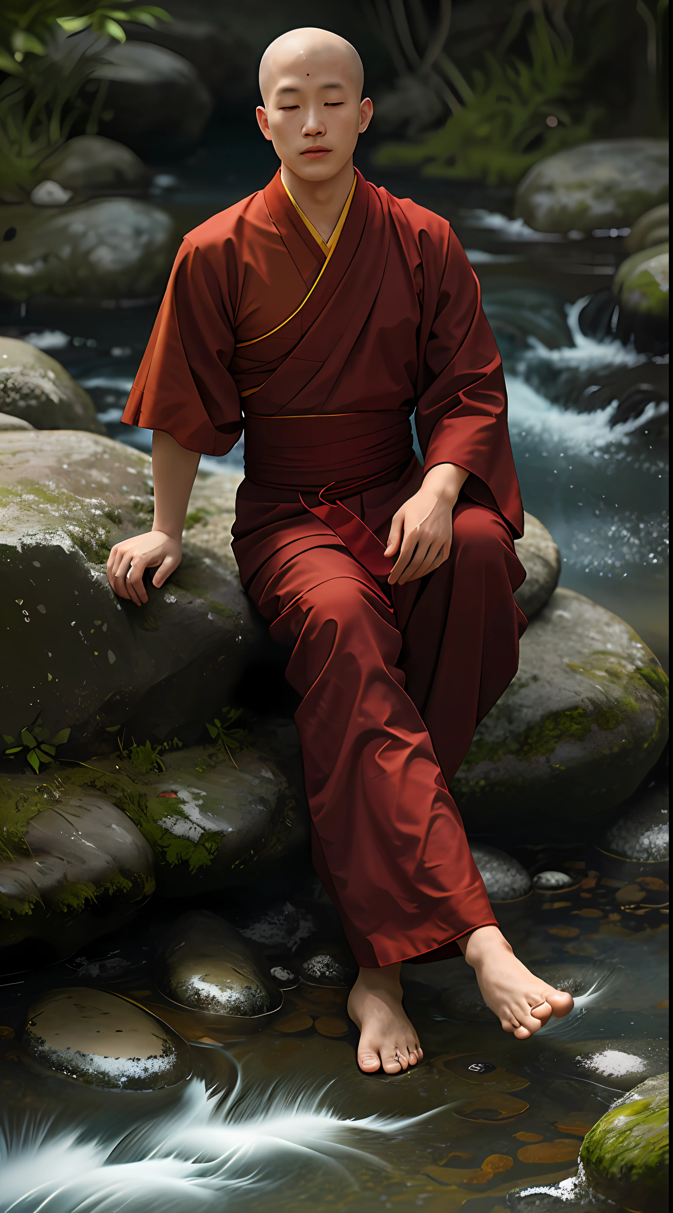 A Buddhist monk meditates by a stream，His coral-colored lines are popping up with a peaceful facial expression，The cinematic lighting is super realistic, super detailed, and the skin texture is very detailed，Eye spirit，Background bokeh，The characters rely on the lens。