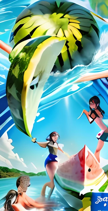 Summer parties，（（（Flat illustration）））（（tmasterpiece）），youthfulness，（32K），（Summer activities），Cut the watermelon in the bottom right corner，（Watermelon water is the main body of the picture），Watermelon water surfing，rowing，eats，（（（Super high detail））），（Watermelon red hearts），（（（Human  2.0））），（（ structure 1.8））