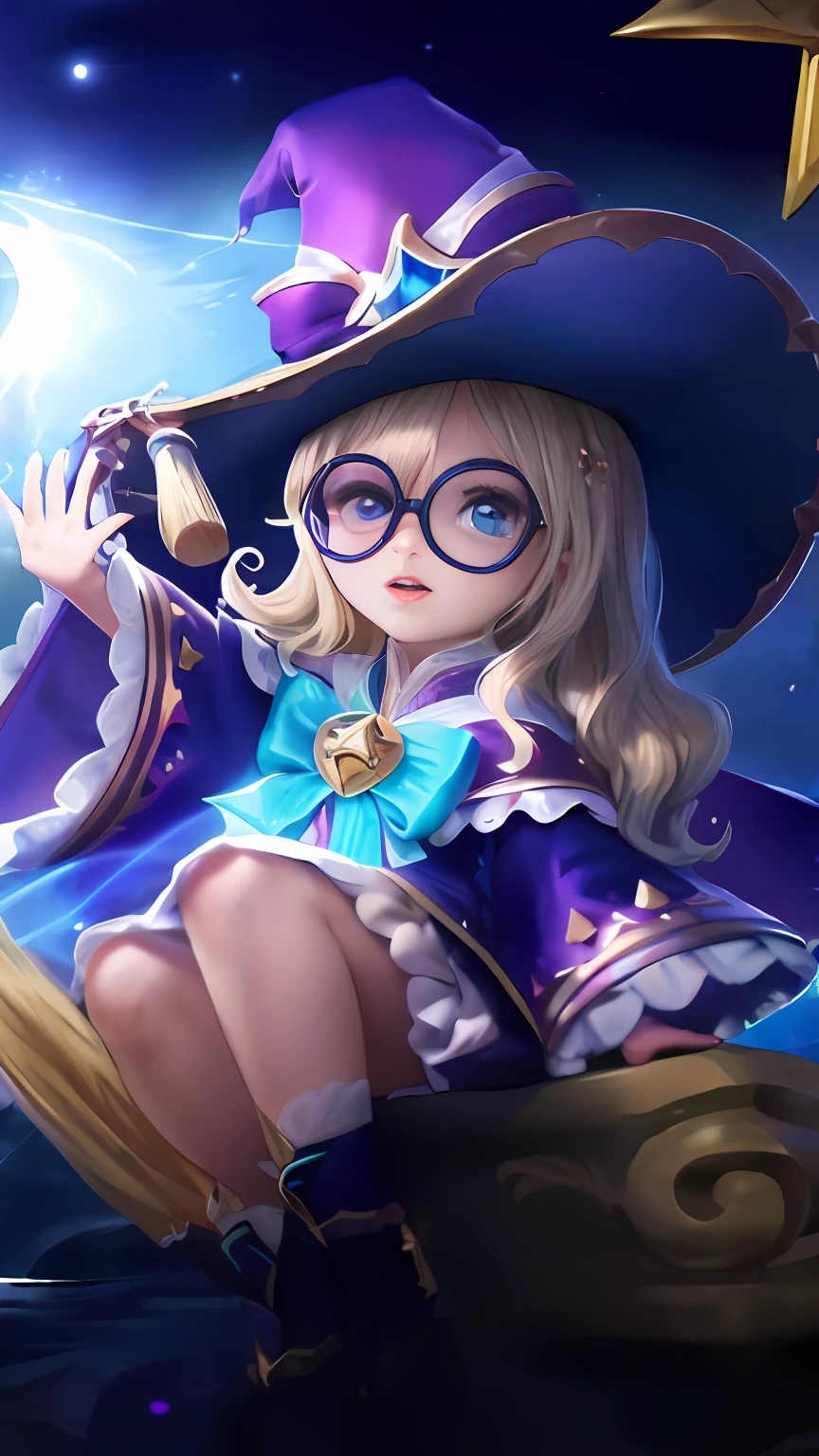 1 girl,chibi,a close up of a cartoon character sitting on a broom, beautiful celestial mage, splash art anime loli, pretty sorceress, bright witch, astri lohne, beautiful wizard, mobile legends, portrait of a mage, young wizard, portrait of a female mage, splash art, beautiful sorceress, closeup portrait of an mage, magic spell icon,sky,moon yellow Detailed,sit,hat detailed,color detailed, Glasses detailed,eyes detailed,blue eyes light detailed,shoes black Detailed,hands detailed, perfect fingers,