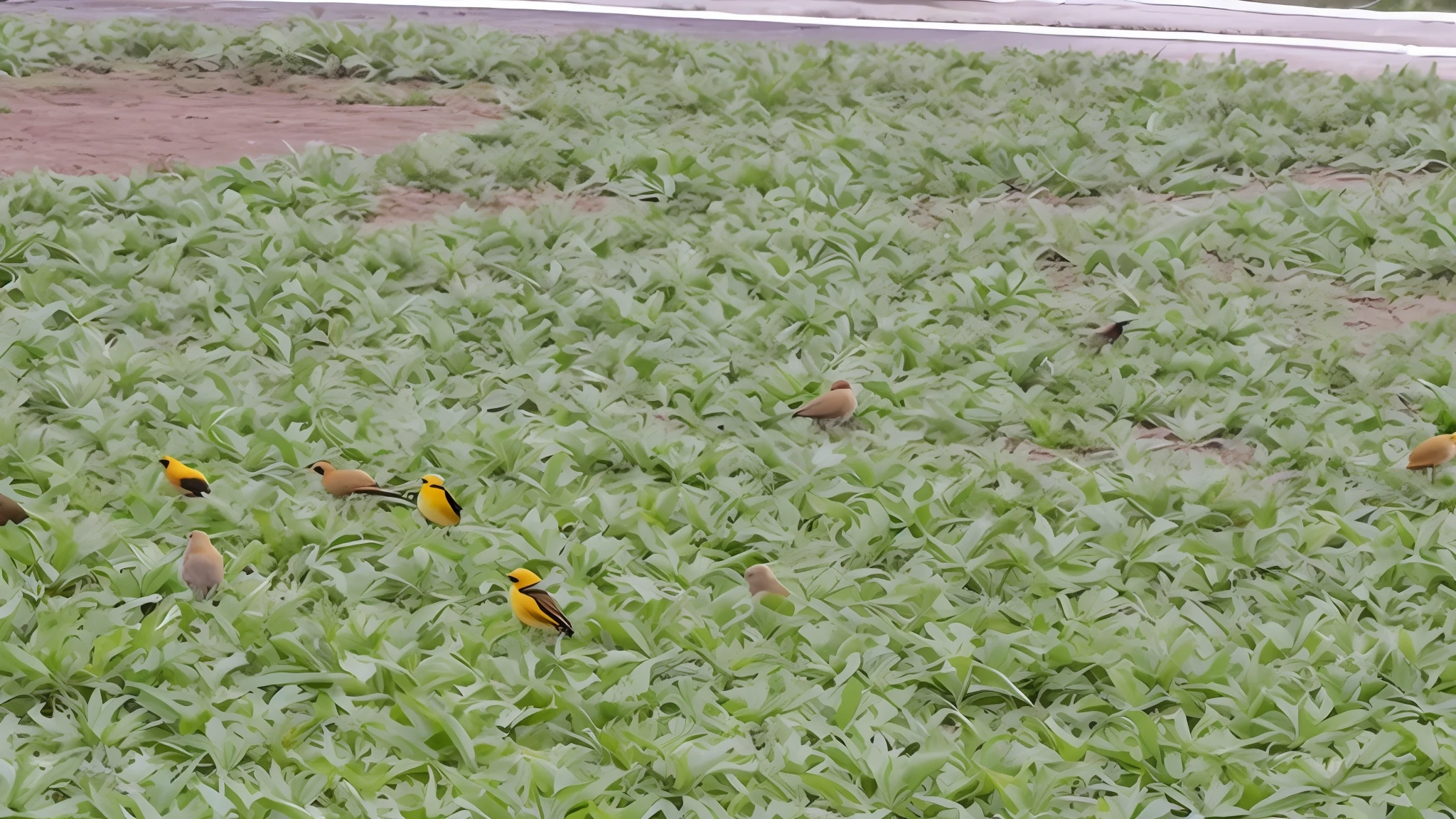 There are many birds that are standing in the grass, The birds are all over the ground, bandos de aves!!, Belgian canaries with thrushes, Foto reduzida, 4 0 9 6, infestado de breu verde, an old man with 7 yellow birds, foto de baixa qualidade, barriga fofa laranja, reduziu muito, com flores amarelas ao redor, prolongado