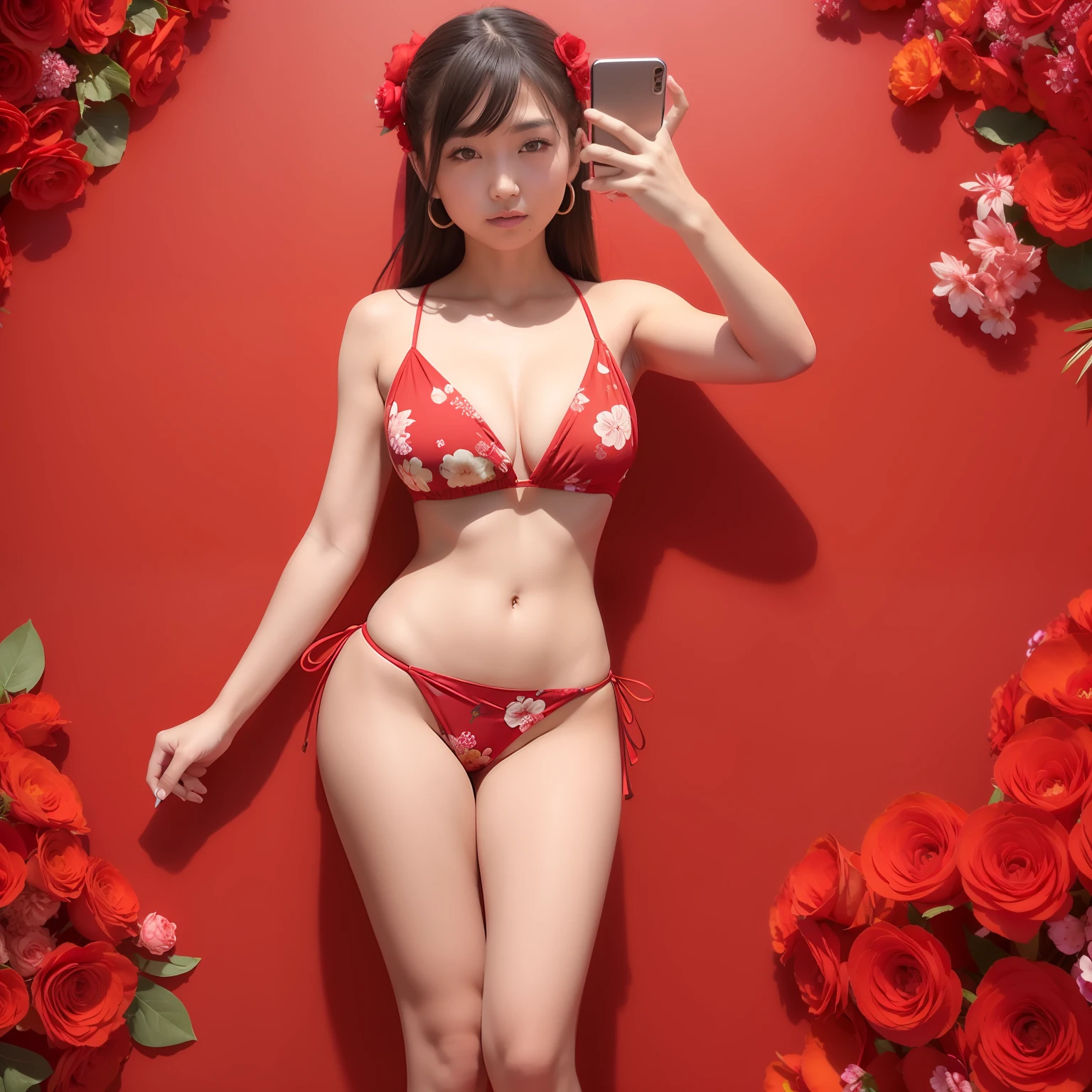 there is a woman taking a selfie in a red floral dress, wearing two - piece swimsuit, red floral dress, with a thin waist, sexy :8, wearing floral chiton, 1 8 yo, Middle metaverse, intriguing outfit, red, # oc, #oc, full body picture, full length view, gif
