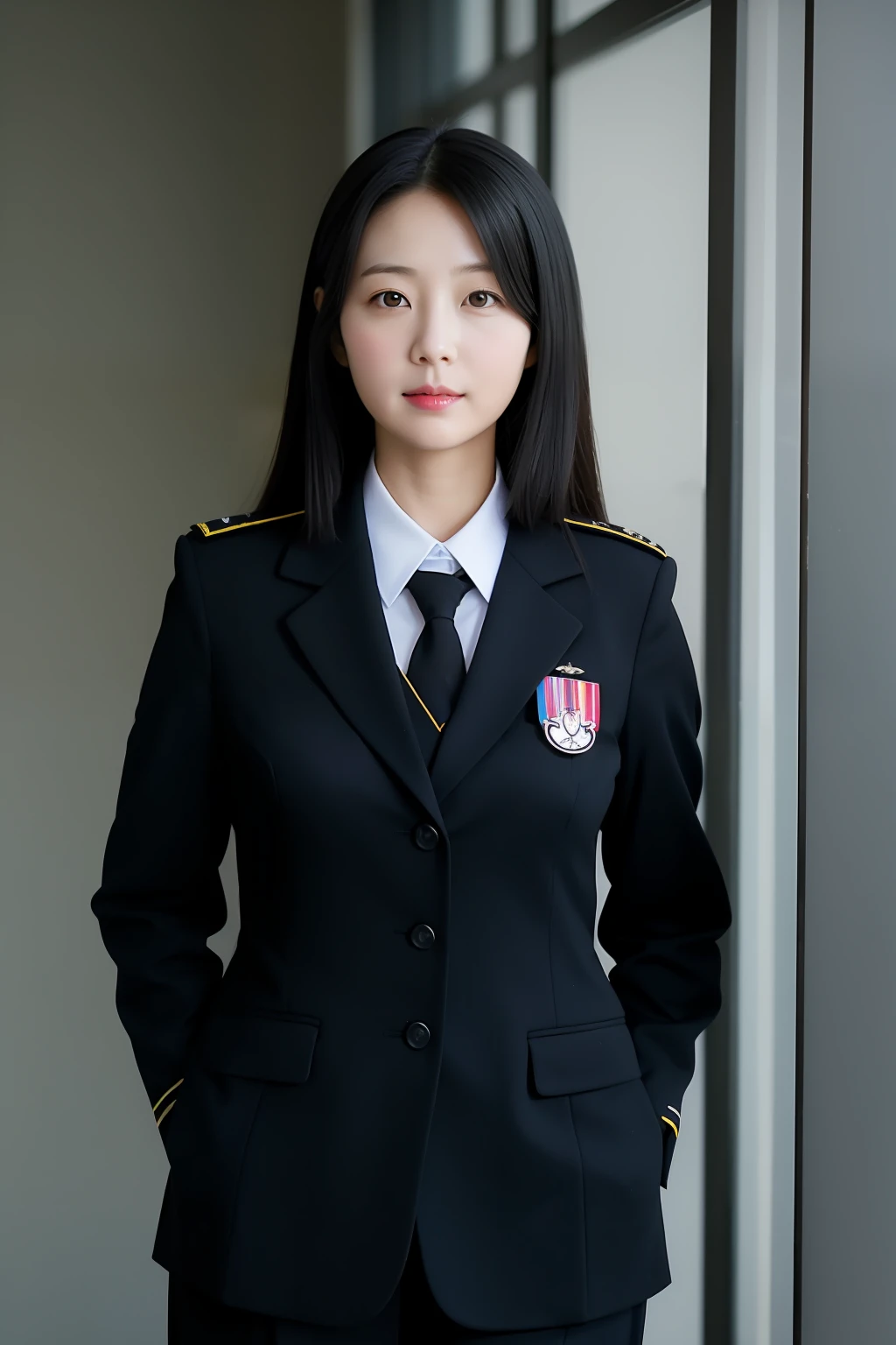 sonyoonjoo, 1girl, solo, black hair, realistic,uniform, standing,office