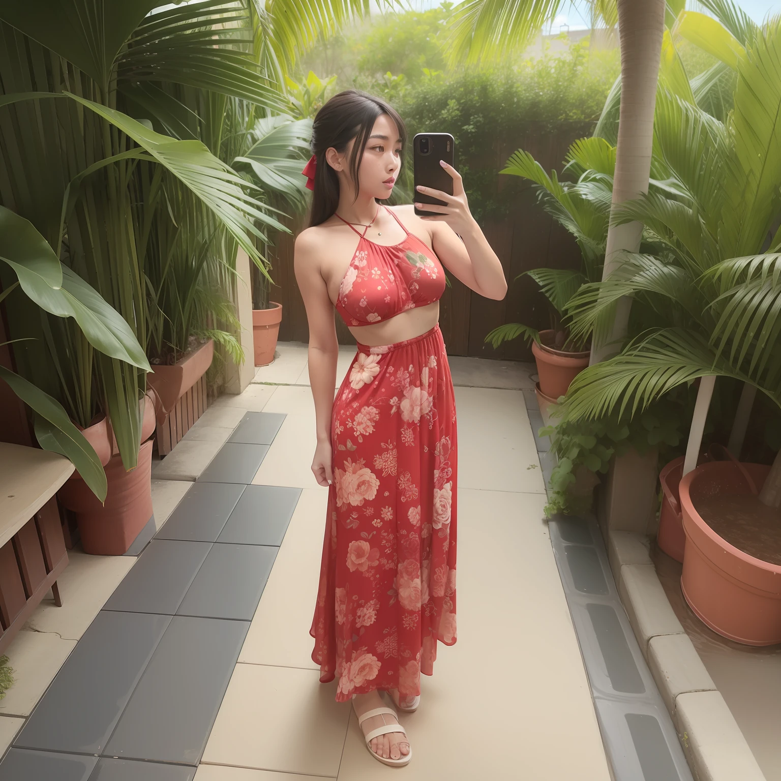 there is a woman taking a selfie in a red floral dress, wearing two - piece swimsuit, red floral dress, with a thin waist, sexy :8, wearing floral chiton, 1 8 yo, Middle metaverse, intriguing outfit, red, # oc, #oc, full body picture, full length view, gif
