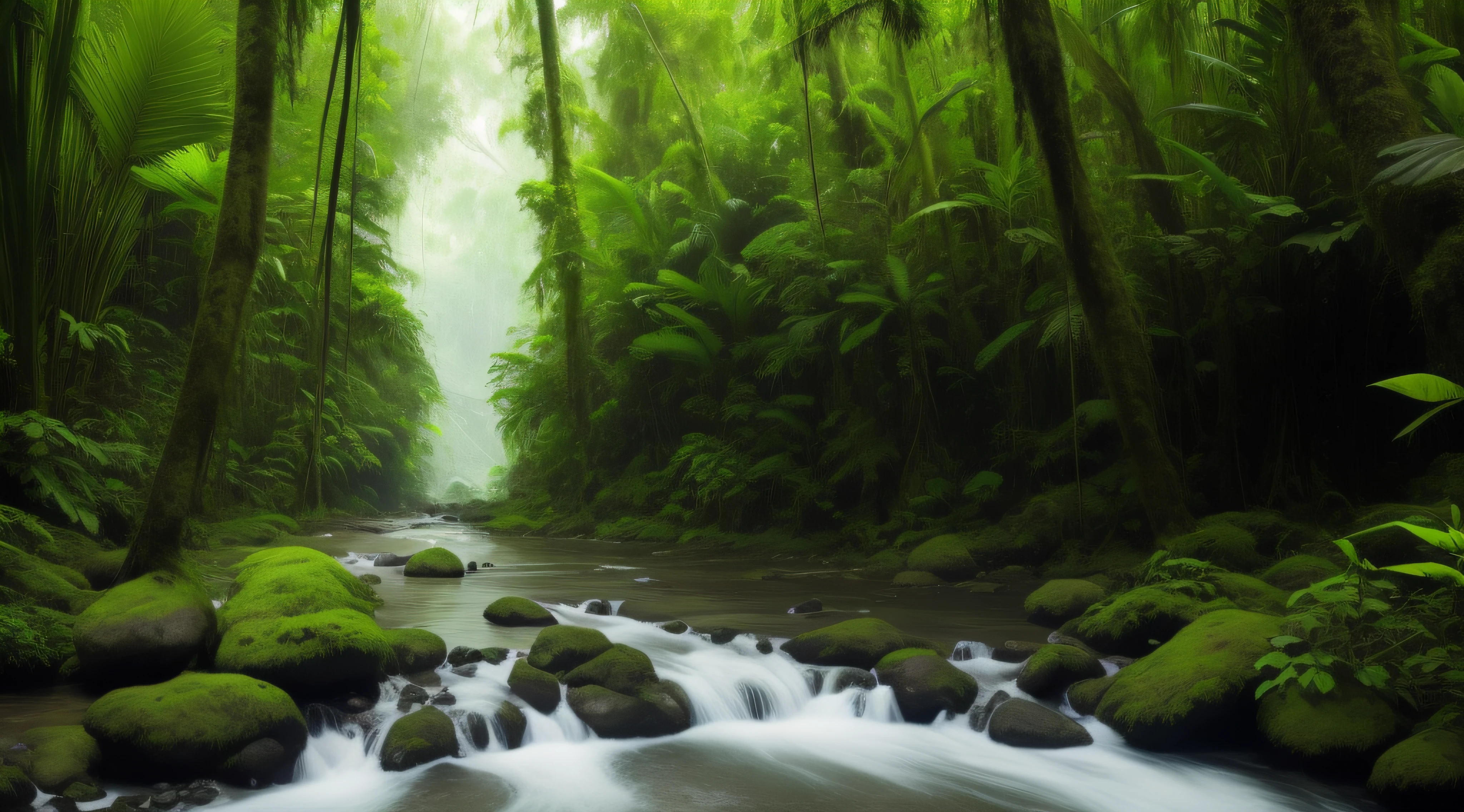 arafed view of a stream running through a lush green forest, eerie jungle, . background: jungle river, deep jungle from another world, river in a forest, fantasy jungle, jungle landscape, beautiful jungle, malaysia jungle, on a jungle forest, river flow through borneo jungle, jungle nature, forest and river, foggy jungle, dense jungle, beautiful jungle landscape