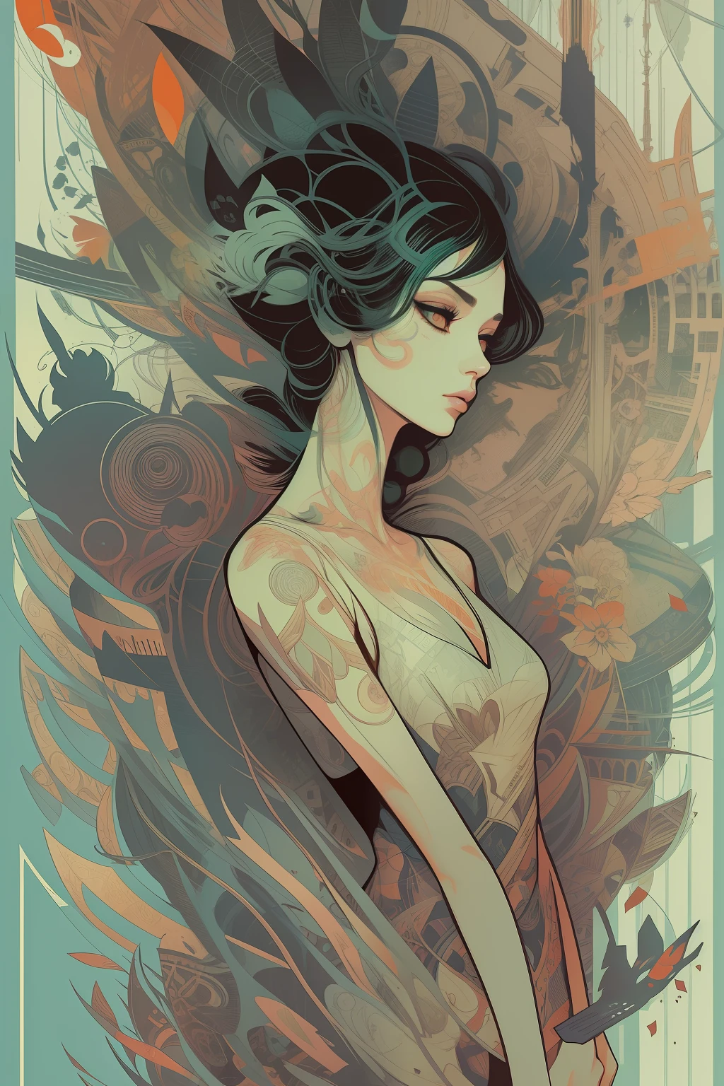 Beautiful women. fine detail, atmospheric, vivid tones, sharp focus, sharp edges, art by Russ Mills and Victo Ngai, sticker, 2d cute, fantasy, dreamy, vector illustration, 2d flat, centered, by Tim Burton, professional, sleek, modern, minimalist, graphic, line art, vector graphics