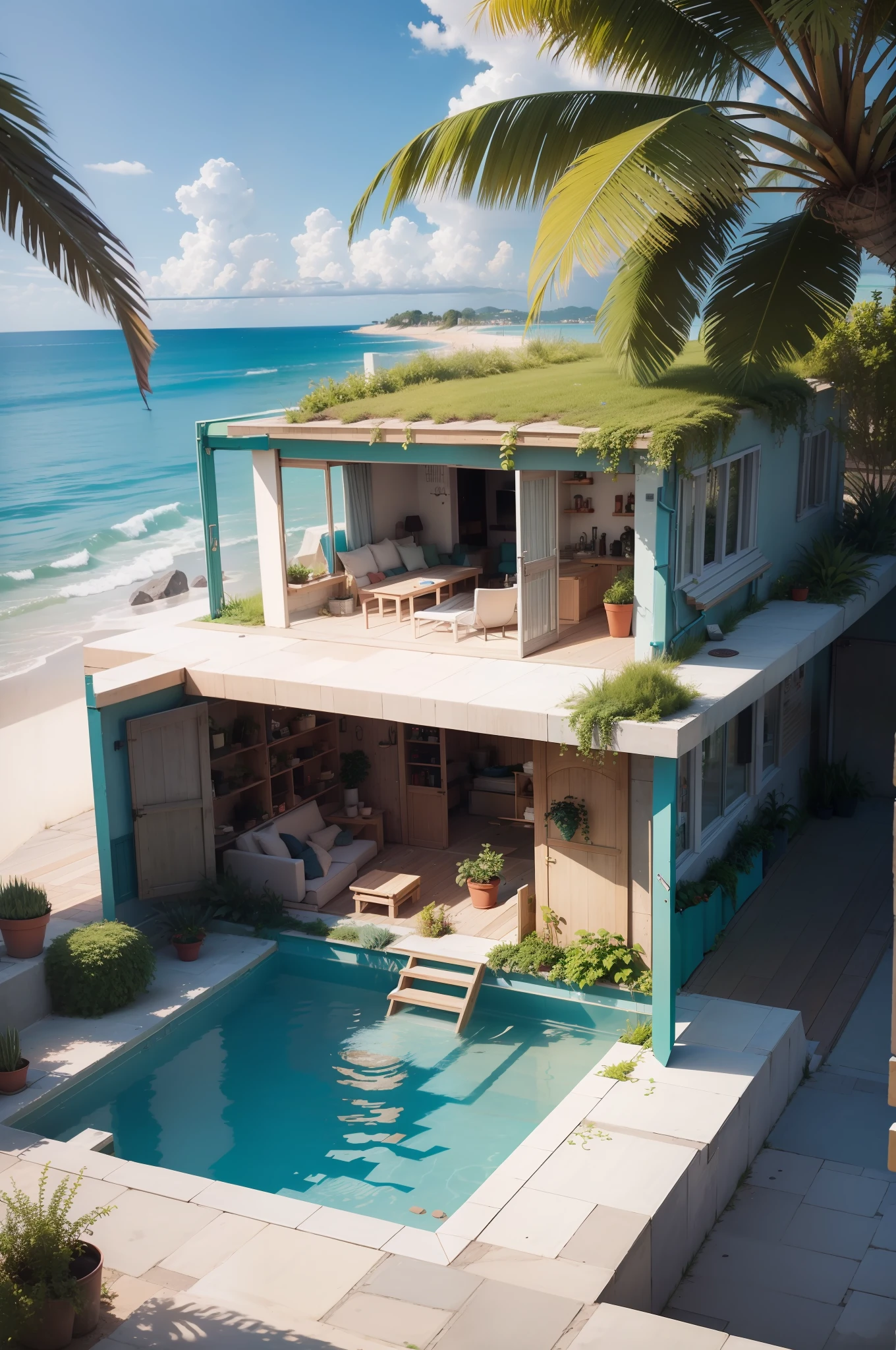 Plus de plantes et de couleurs dans l'environnement, finissez de construire l'escalier et placez une barricade, agrandissez la piscine.