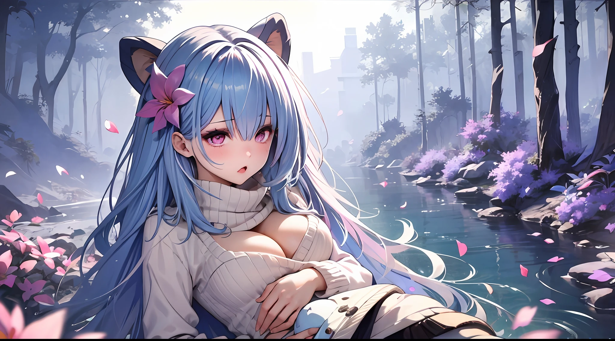 1 girl walking on the river, mix4, Sweaters, pillow head, cparted lips, open_mouth, photorealestic, photo_\(Curly\), 独奏, stuffed_animal, stuffed_toy, teddy_bear,(tmasterpiece),(realisticlying:1.3), hyper-detailing, (highdetailskin:1.2),(best qualtiy:1.0), (超高分辨率:1.0), (ulzzang-6500:0.3), Wavy detail hair, long whitr hair, rays of sunshine, (Beautiful detail makeup), (Sexual arousal blushing heavy breathing:1.0), Flower theme flower petals scattered, (Soft glow overflow:0.5)huge tit,blush,