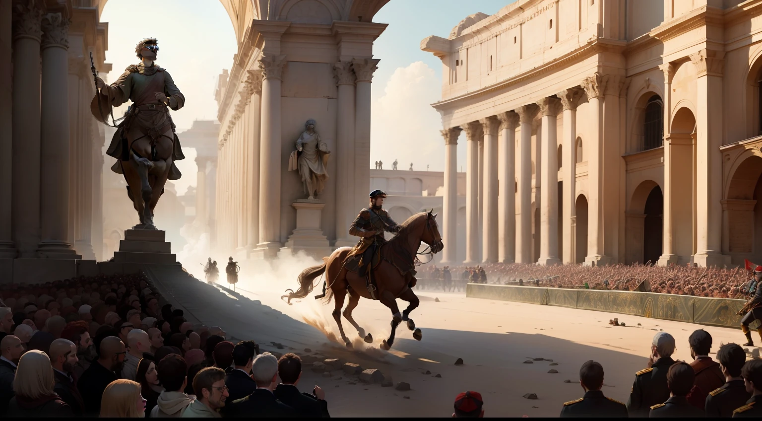Depict the moment of Aurelian's triumphant return to Rome after reclaiming lost provinces, with cheering crowds and a sense of hope.