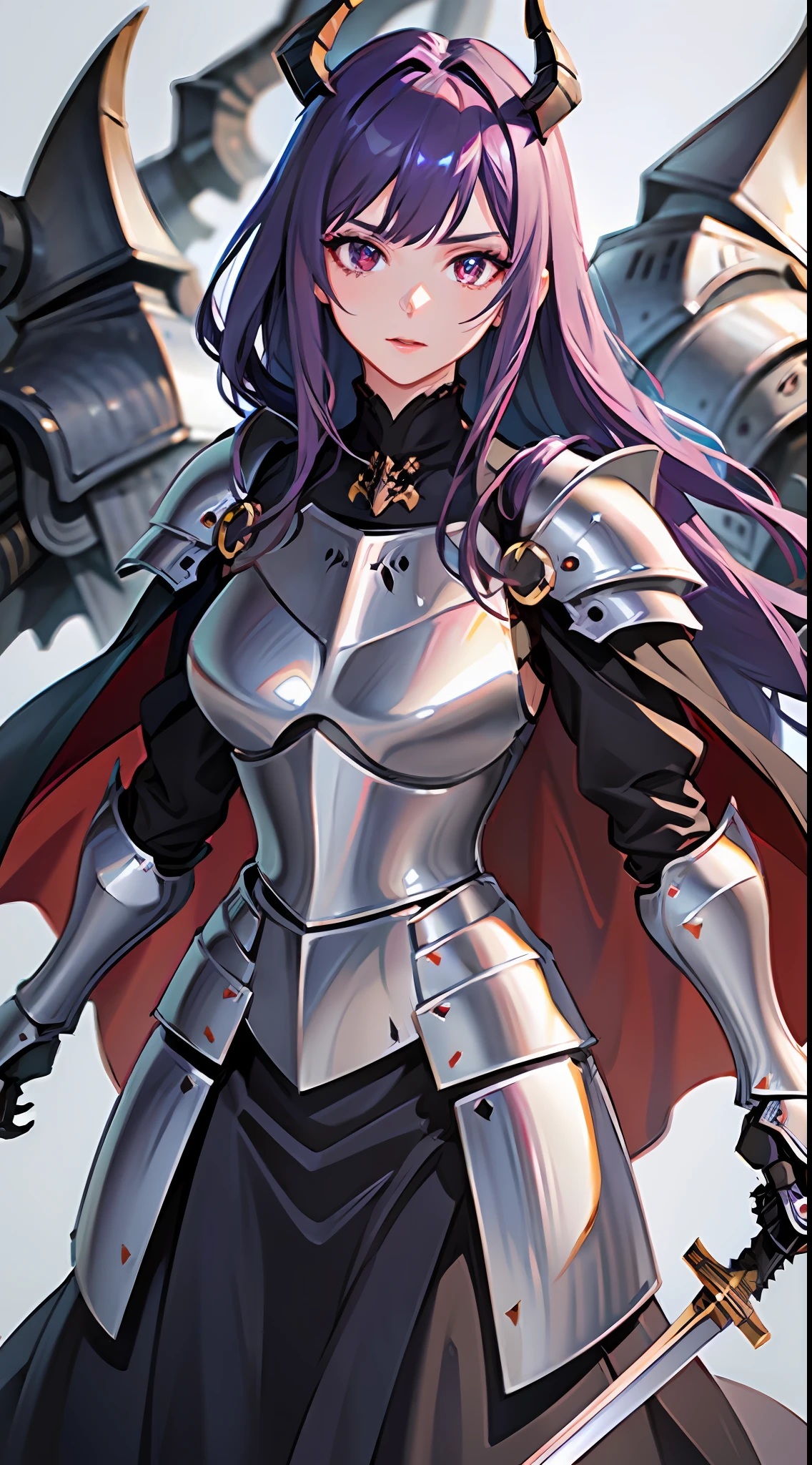 1girl, solo, skirt, (masterpiece), best quality, realistic, hyper-detailed, (shiny skin:1.4), long purple hair, blunt bang hairstyle, red calm eyes, demon horn, slender, dynamic lighting, high resolution, sharp focus, depth of field, (detailed eyes: 1.8), sharp pupils, realistic pupils, (armored knight:1.6), cape, armlet, (holding sword: 1.9), lord knigth