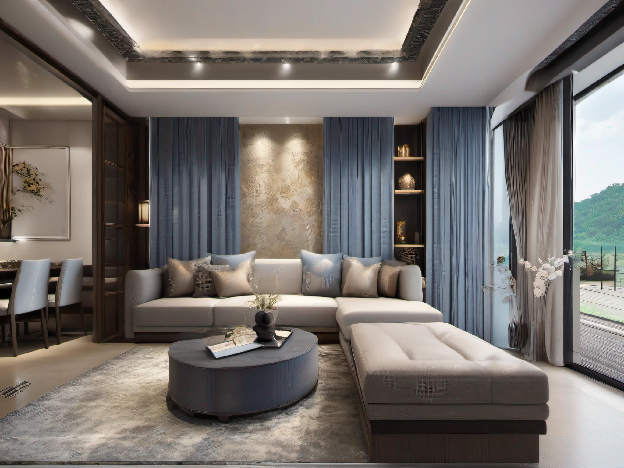 Ultra photo realsisim， tmasterpiece， best qualtiy， ultra - detailed， 超高分辨率， RAW photogr， 8K，
Modern living room，（Fabric sofa），（Fabric pillows），Stone opaque resin panel，Brown and white，posh，Charming lighting style，Light gold and light black，Li Shuxing，A fusion of tradition and modernity，Soft atmospheric light，Hard-edged lines，（janelas），Fabric blinds，blue-sky，Black TV，Modern abstract art mural，
 tmasterpiece，Ultra photo realsisim，32K，Extremely detailed Cg Unity 8K wallpapers，best qualtiy