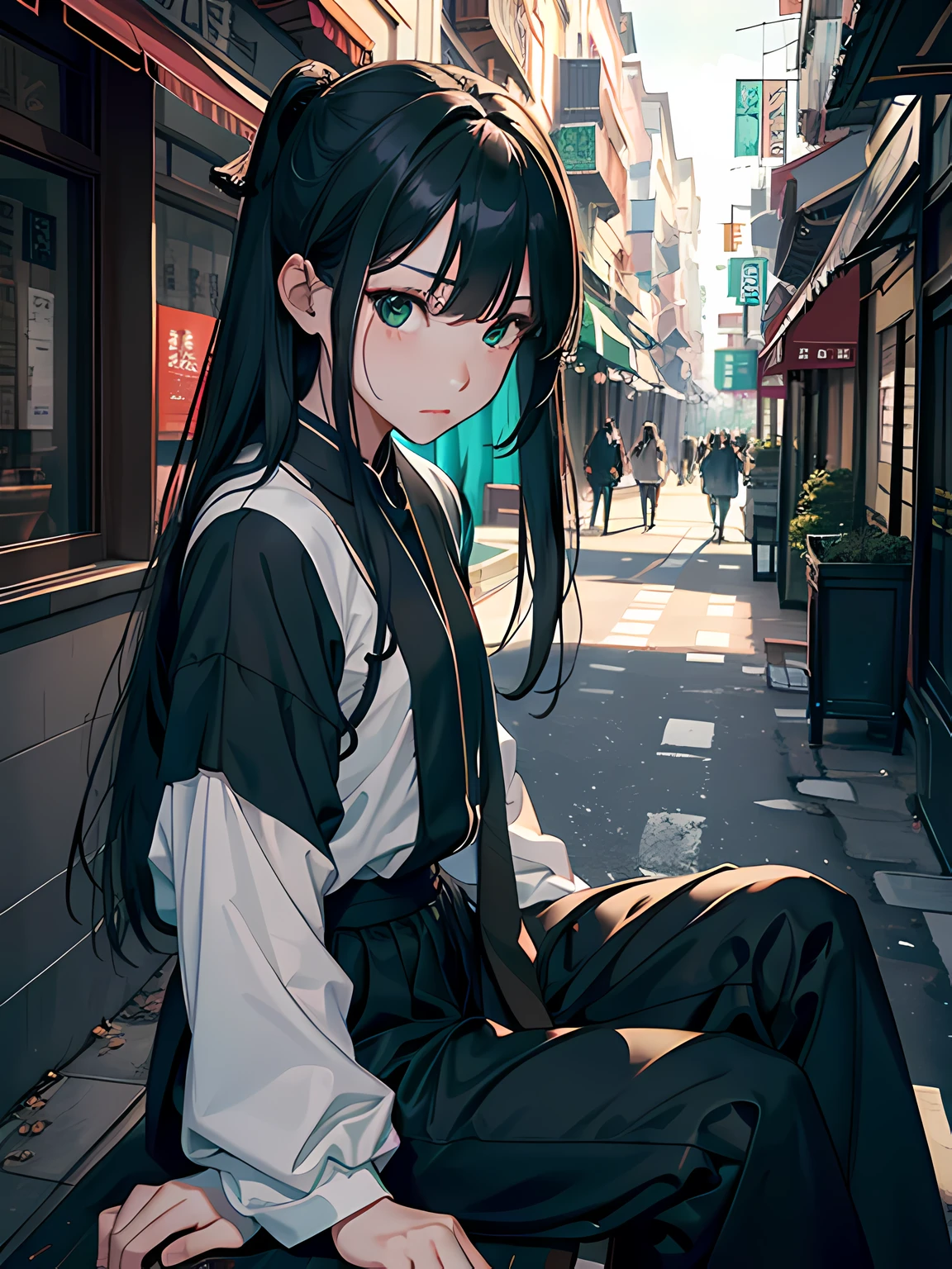 Works of masters,Higher quality,超高分辨率,8K分辨率,exquisite facial features,femele,solo person,(Blackened),long whitr hair,the street,expressiveless,Straight eyes,Green tendons bulge