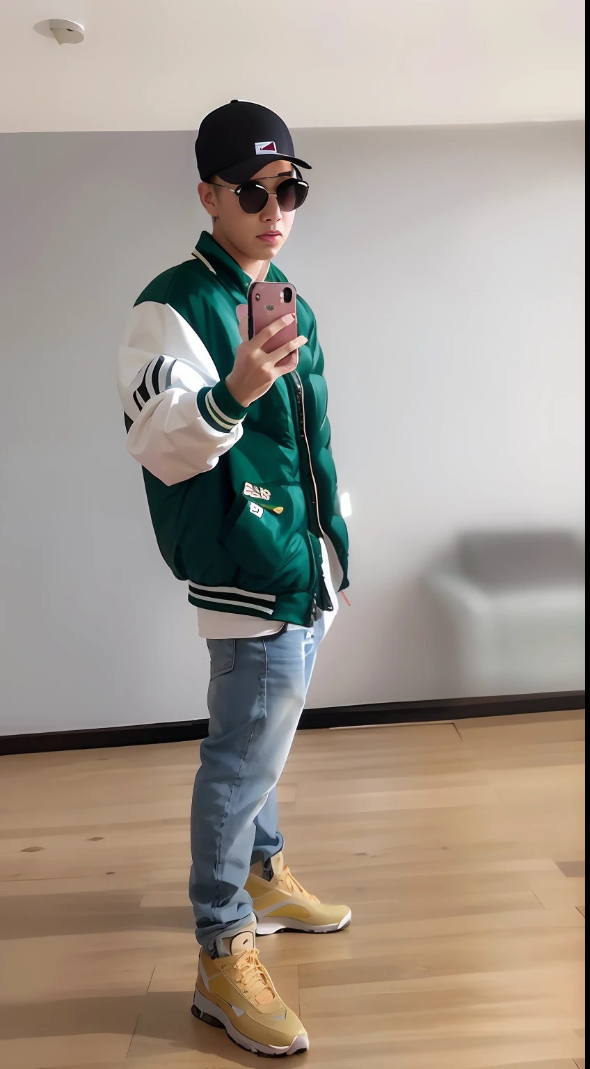 Alafeld man in green jacket and jeans takes selfie, wearing green jacket, trending on r/Street attire, wearing dark green bomber jacket, wearing a fisher 🧥, wearing correct era clothes, wearing a jacket, wearing a bomber jacket, professional sports style, green colored bomber jacket, japanese streetwear, Wearing green, profile shot, casual streetwear, streetwear fashion, teddy fresh,Mecha warrior