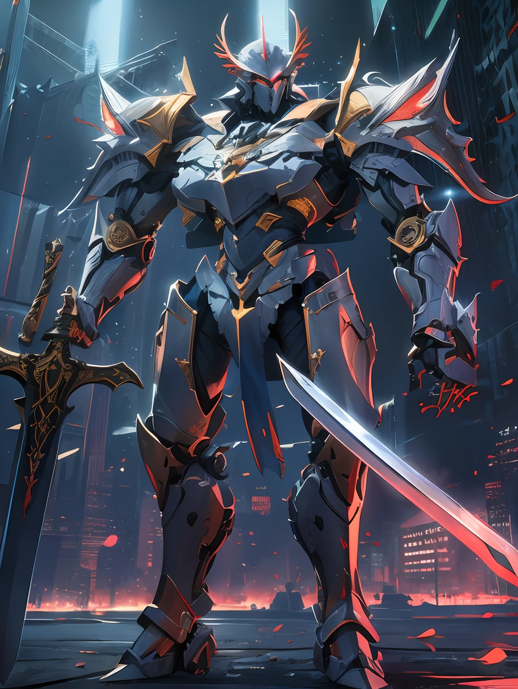 (masterpiece, best quality:1.3),extremely high detailed, intricate, 8k, HDR, wallpaper, cinematic lighting, (universe),(holding sword:1.3), glowing, armor, glowing eyes, mecha, large wings,