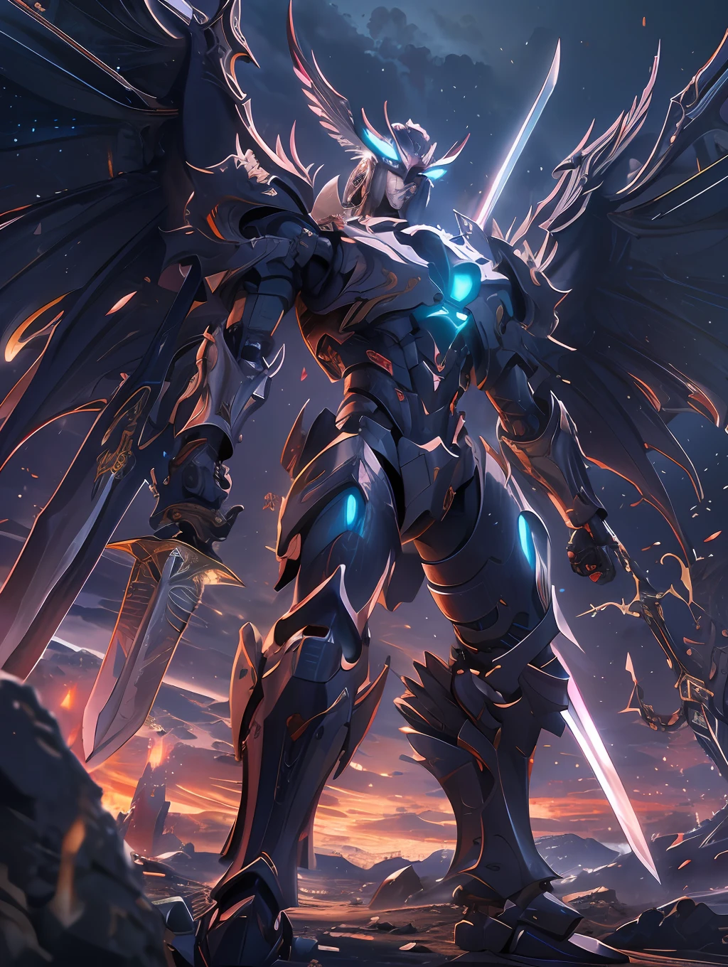 (masterpiece, best quality:1.3),extremely high detailed, intricate, 8k, HDR, wallpaper, cinematic lighting, (universe),(holding sword:1.3), glowing, armor, glowing eyes, mecha, large wings,