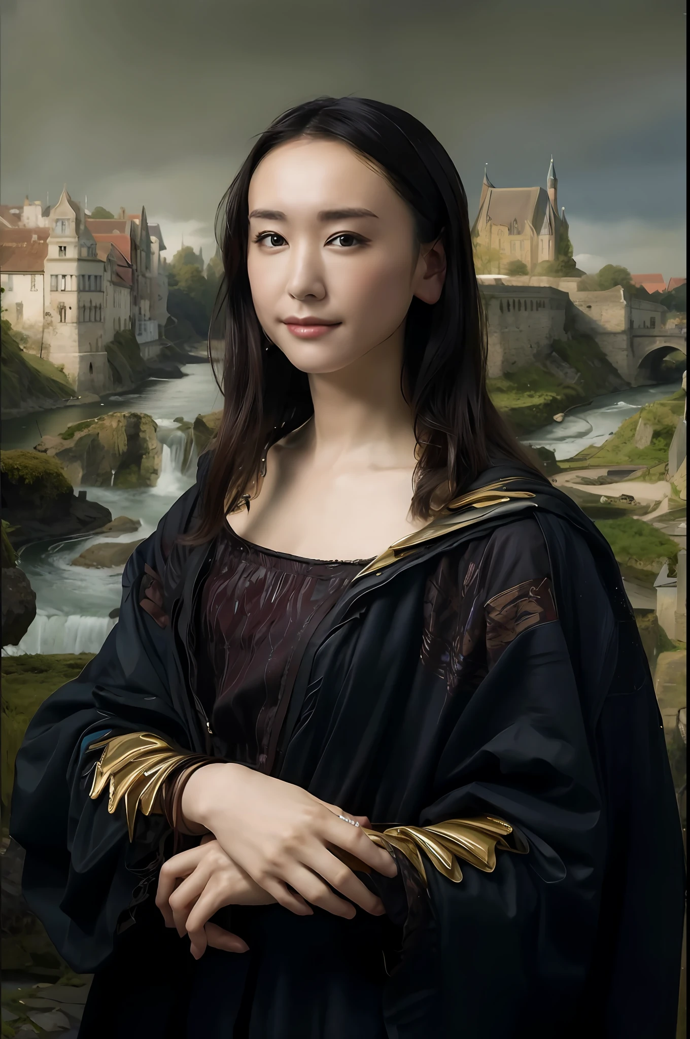 Best Quality、超A high resolution、Very detailed oil painting、One Beautiful Woman、25 only、The background is a medieval European city、mont、a river、Blur background、