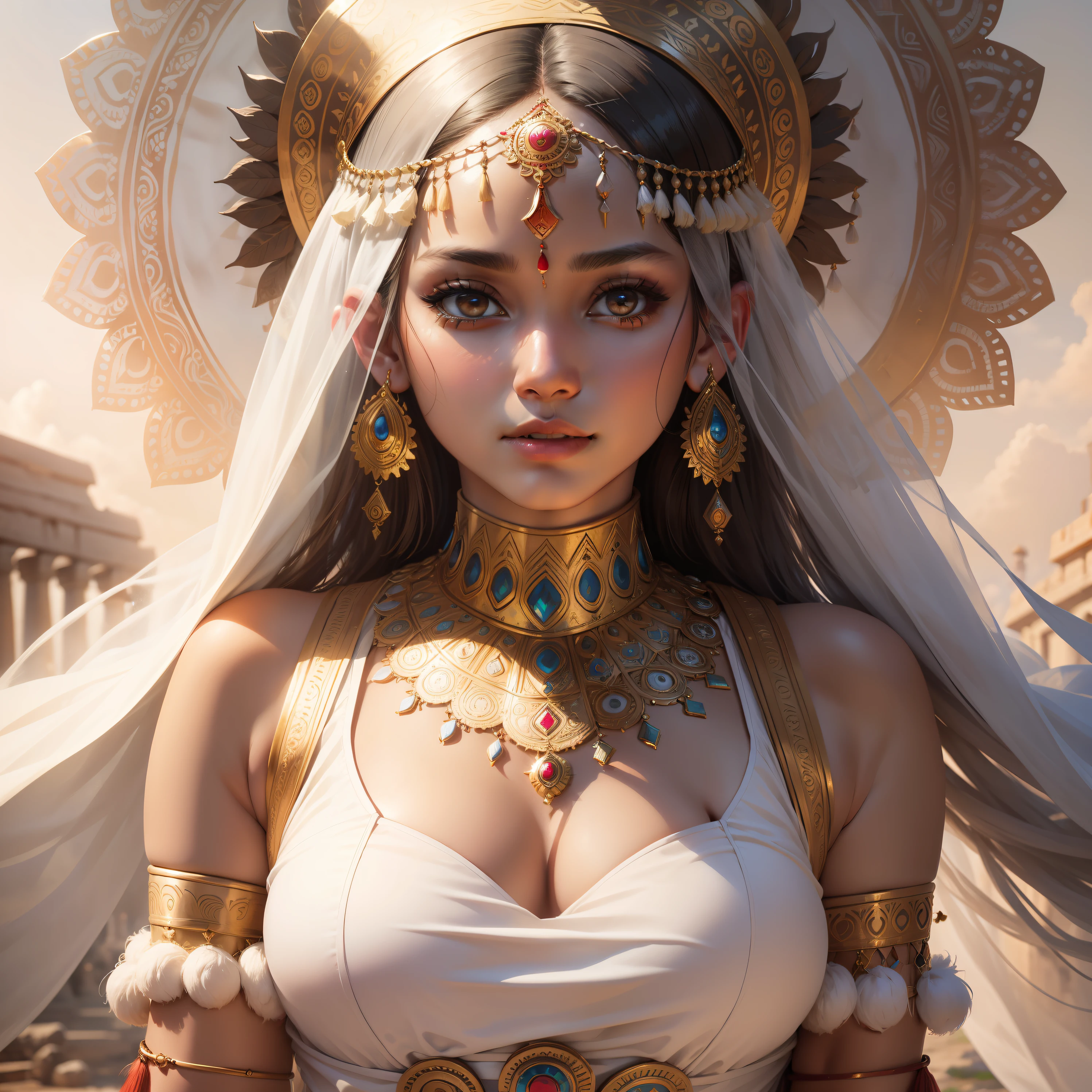 A pretty women, ancient indian costume, clear face, clean white background, masterpiece, super detail, epic composition, ultra HD, high quality, extremely detailed, 8k wallpaper, super detail, 32k, indian mythology