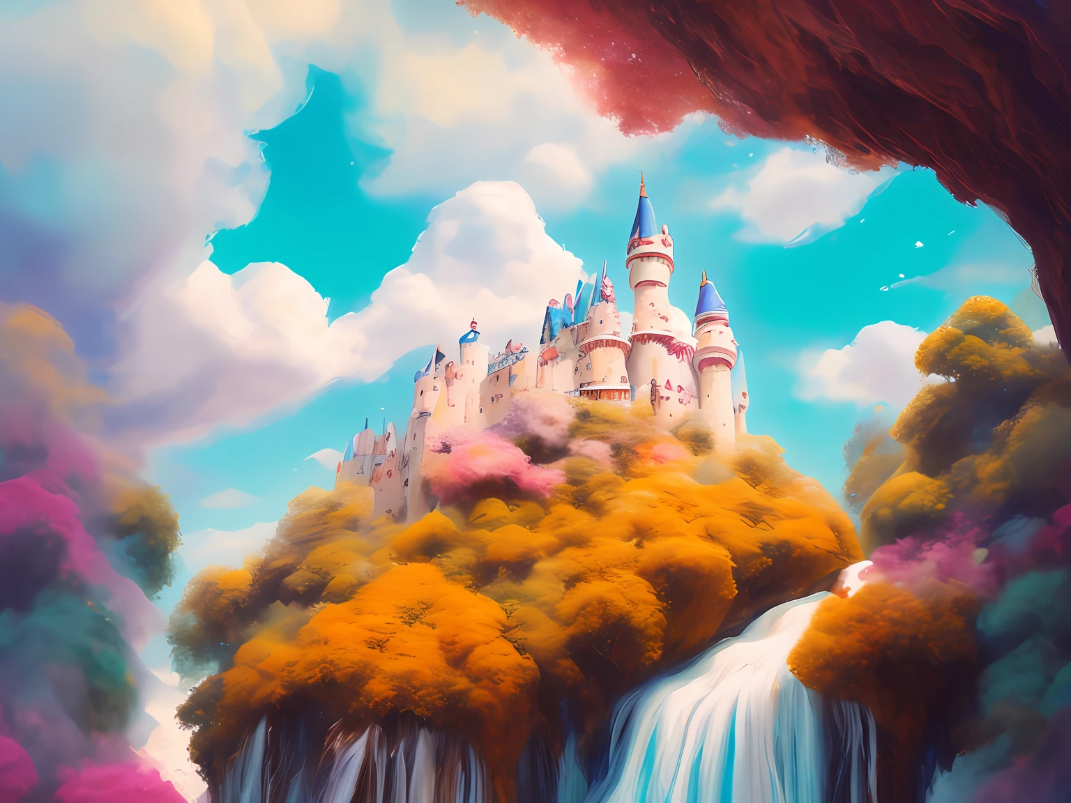 Uma pintura de um castelo feliz feito de sorvete, arvores de marshmelow, cotton clouds,, luminosa, edificante, um retrato de personagem, ArtStation HD, pintura detalhada, foto tirada com Provia, Kodak Portra, Film Grain, destaque no Unsplash, Film Grain, Cinematic vision, foto tirada com Provia